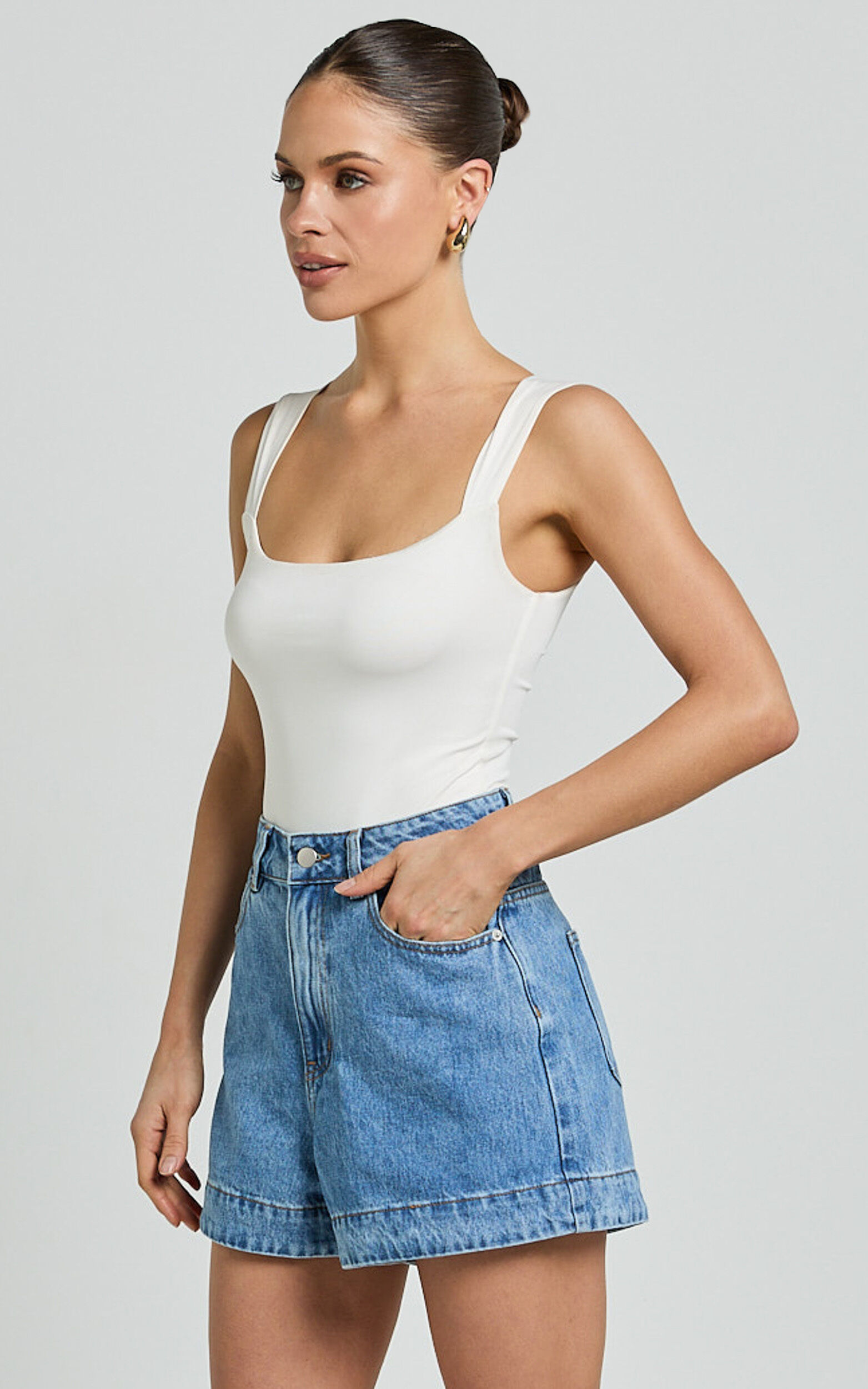 Rhianna Shorts - Mid Waist Recycled Denim Shorts in Mid Blue Wash
