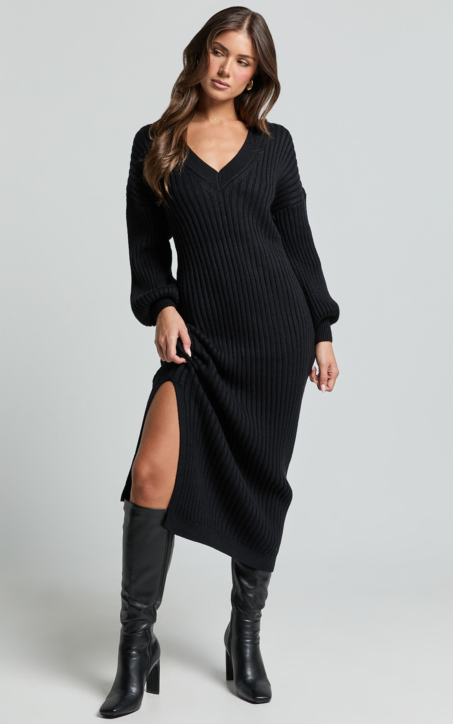 Kartia Midi Dress - V Neck Knit Dress in Black