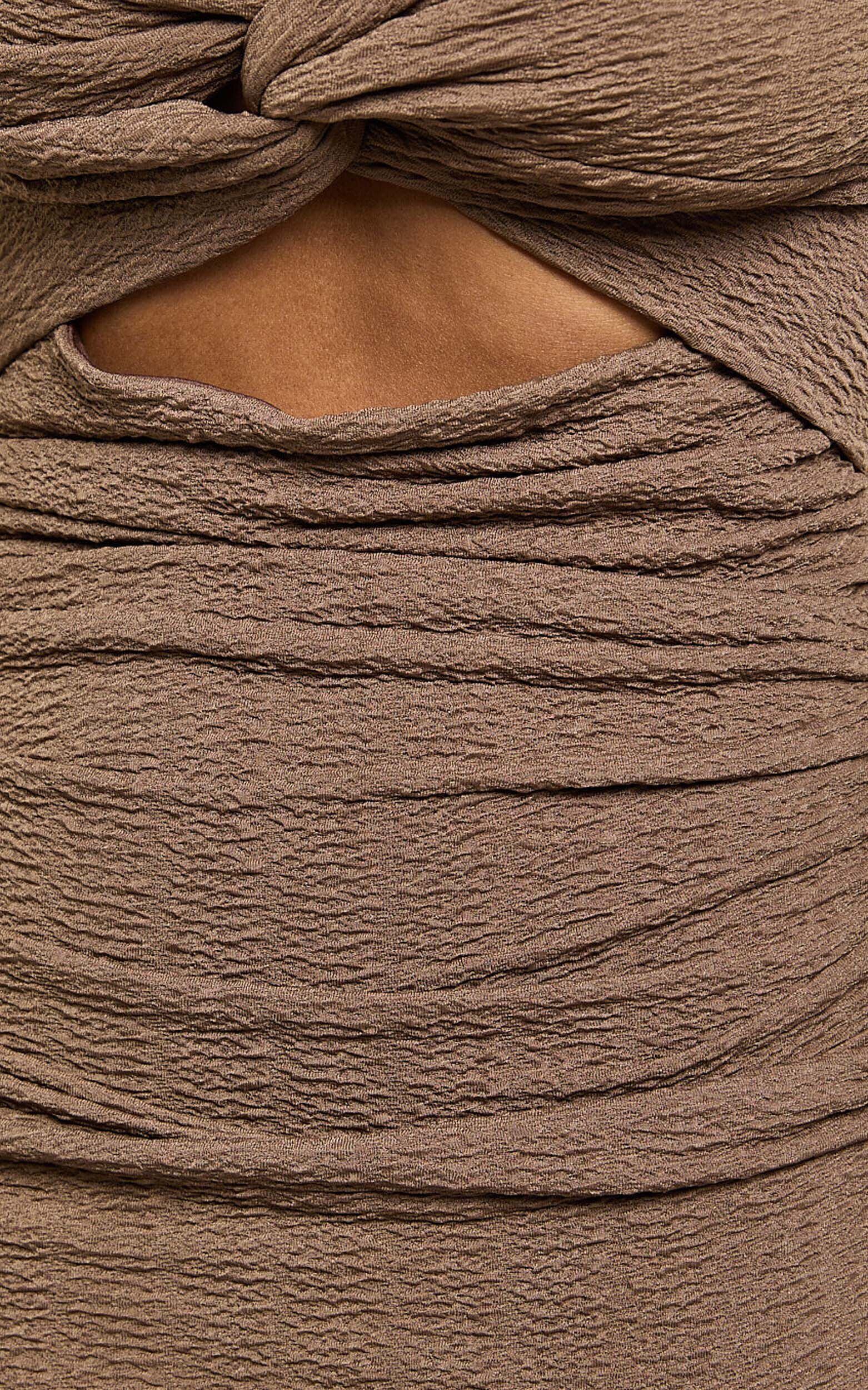 Bianca Midi Dress - Twist Front Cut Out Ruched Dress in Brown