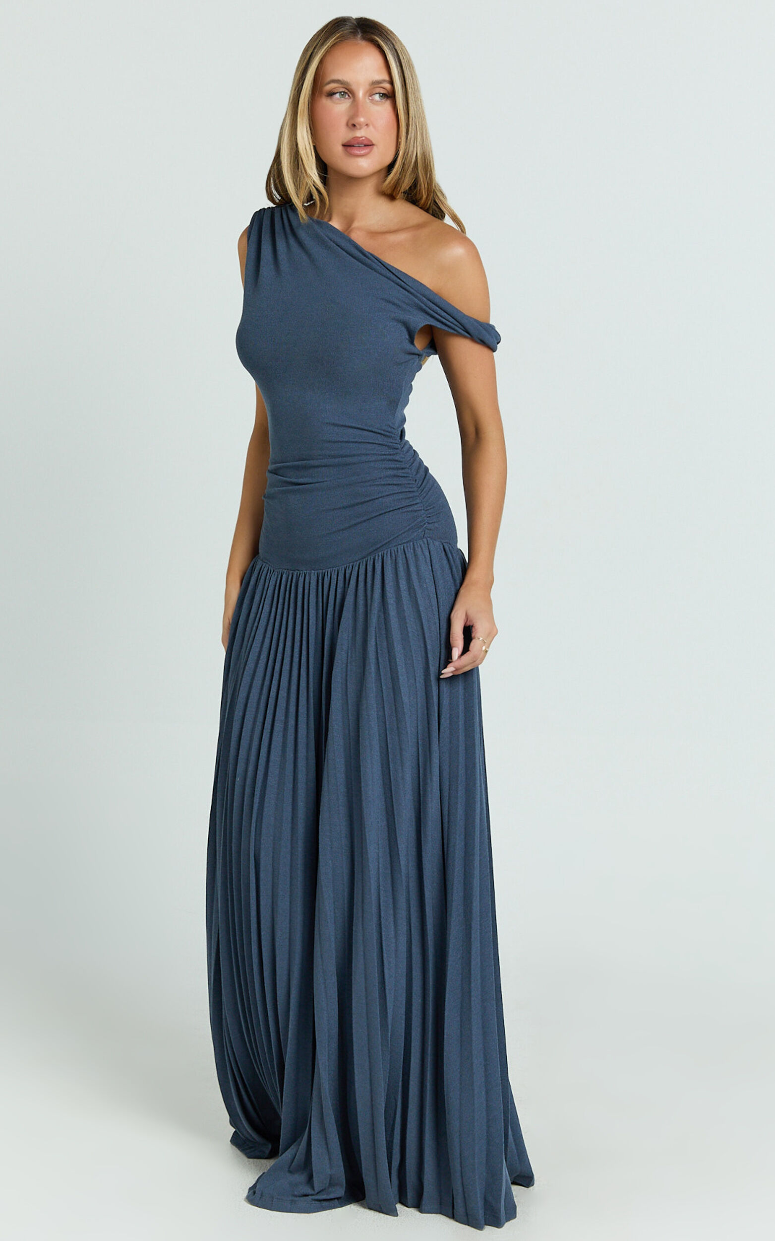 Yvonne Maxi Dress - Jersey Tip Shoulder Ruched Dress in Navy