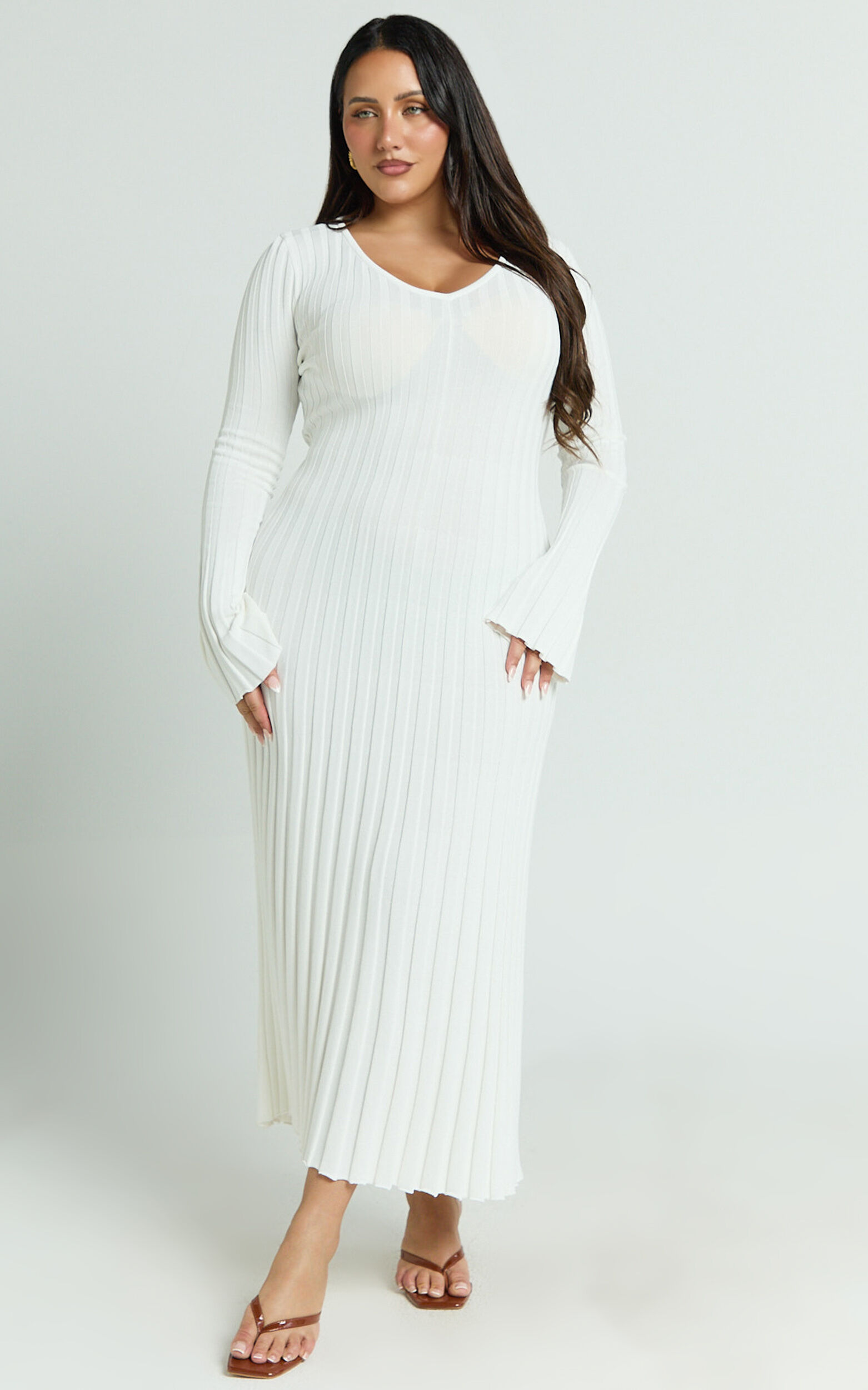 Astra Midi Dress - V Neck Long Sleeve Knit Dress in White