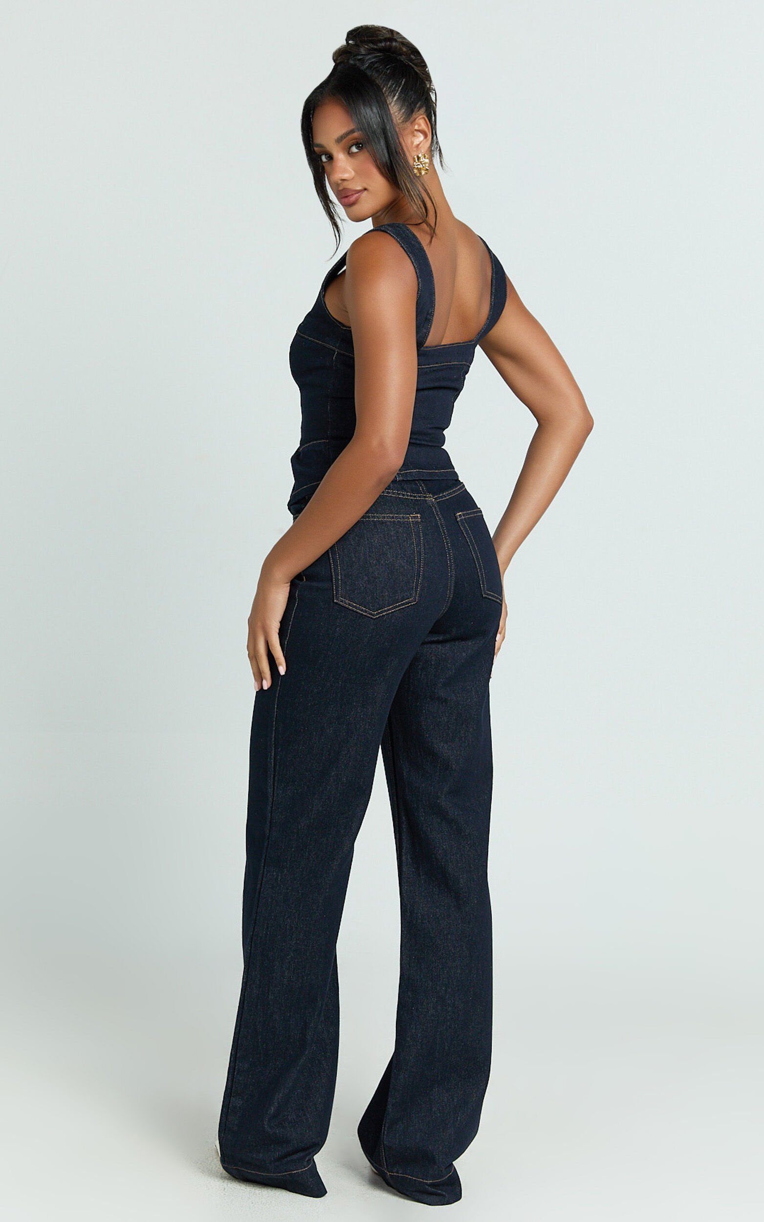 Emman Jeans - High Waisted Cotton Wide Leg Denim Jeans in Raw Denim with Tobacco Stitch