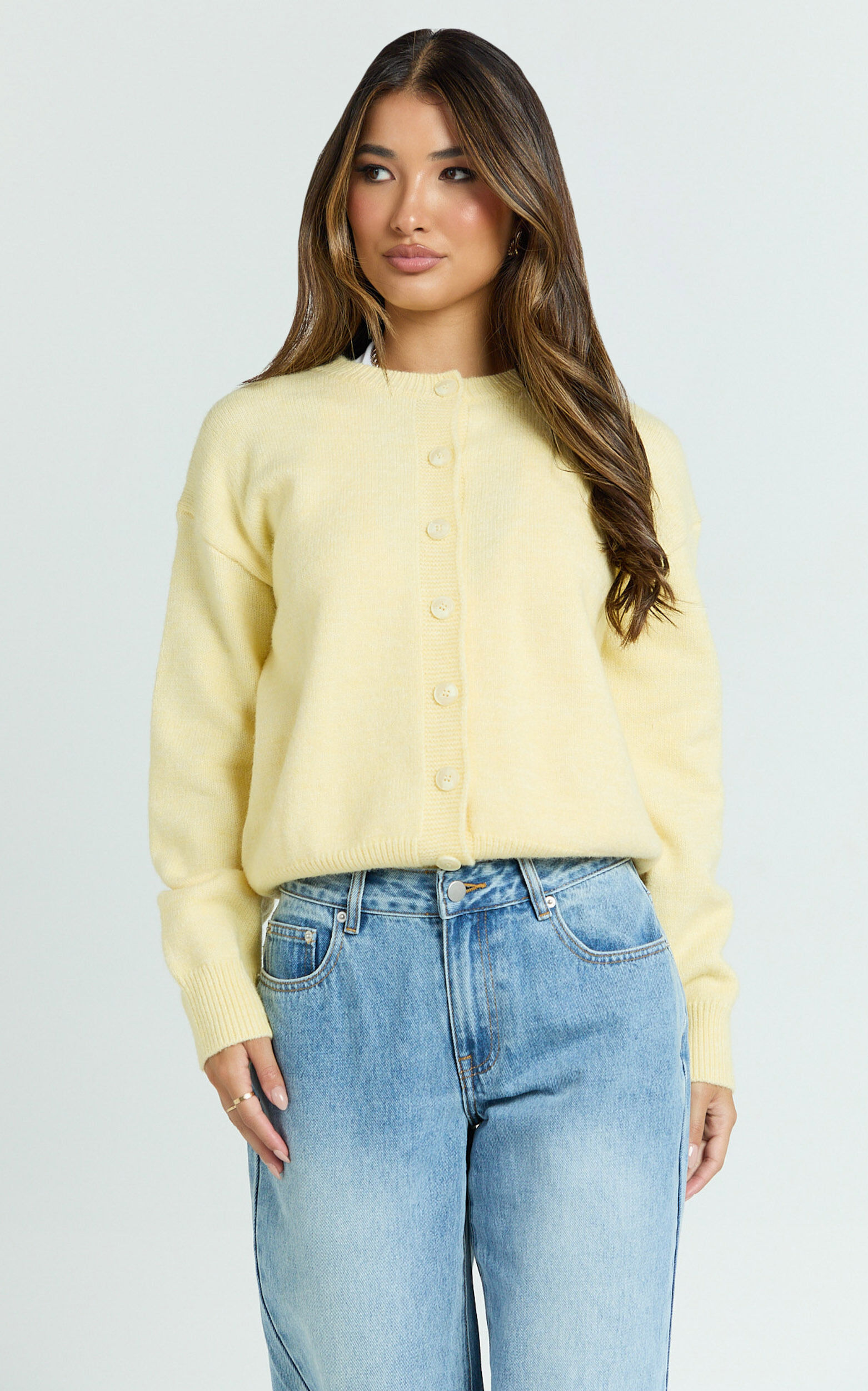 Lucille Cardigan - Button Through Scoop Neck Knit Cardigan in Lemon