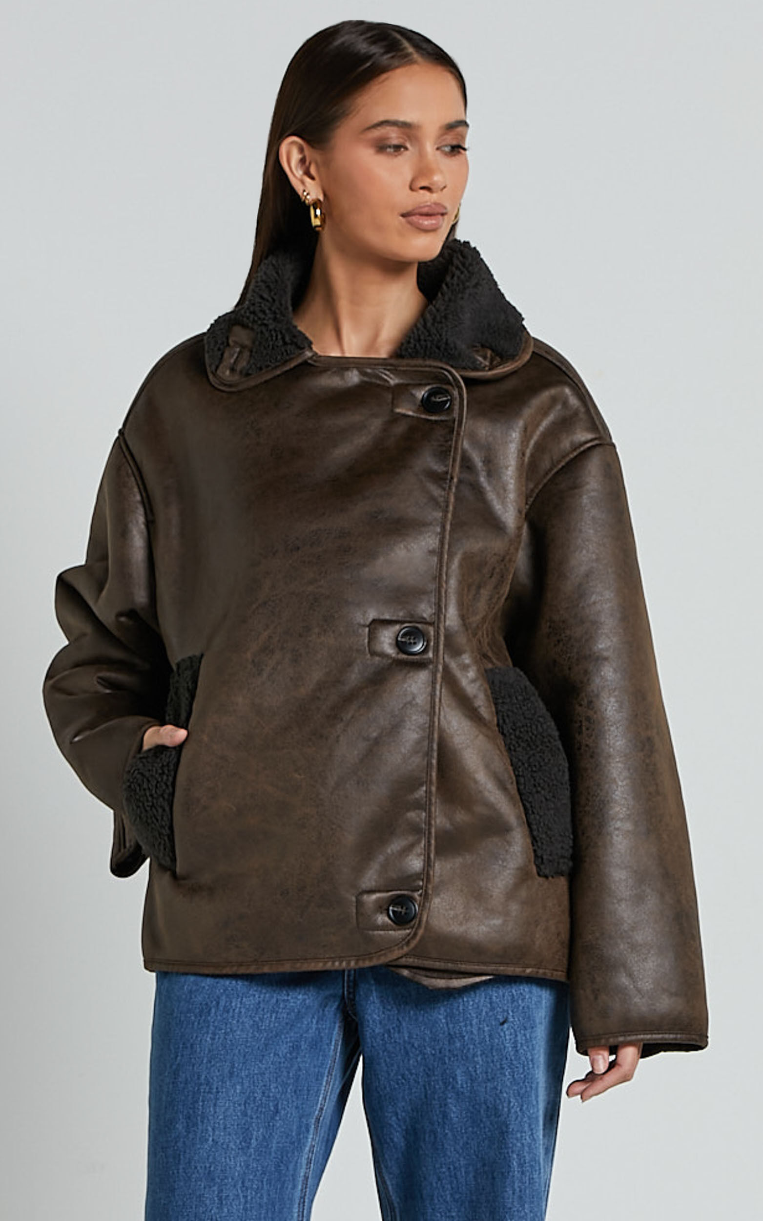 Matilda Jacket - PU Borg Collar Jacket in Brown