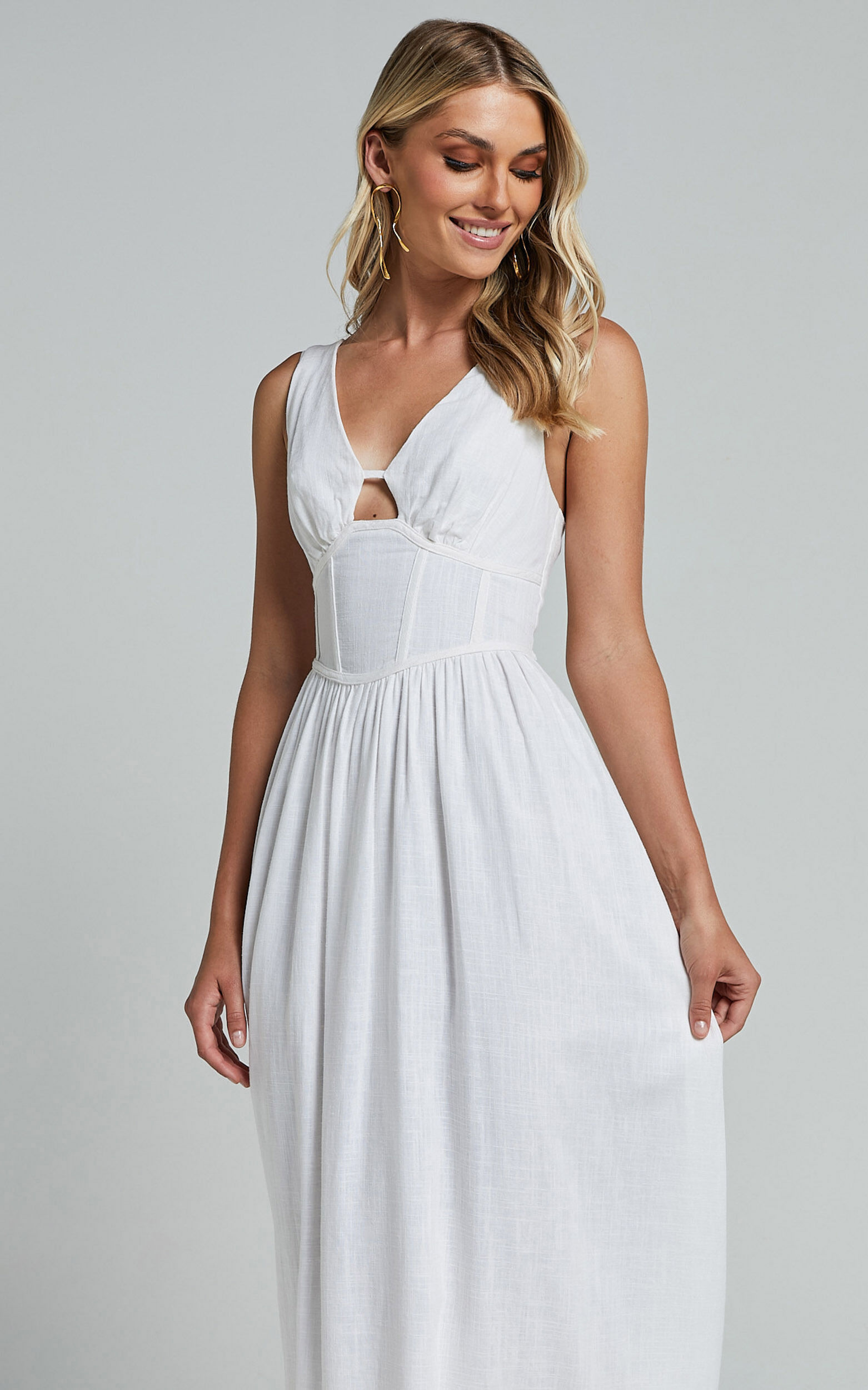 Amalie The Label - Chamika Linen Blend Bustier Double Tie Back Midi Dress in White