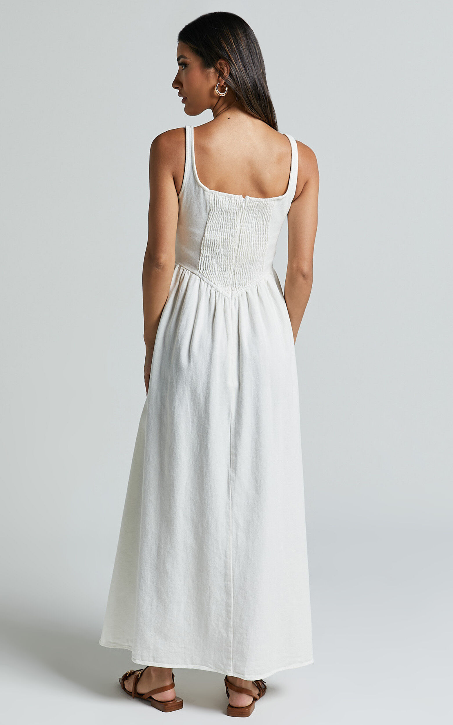Rhaziya Midi Dress - Sleeveless Straight Neck Fit and Flare Dress in White