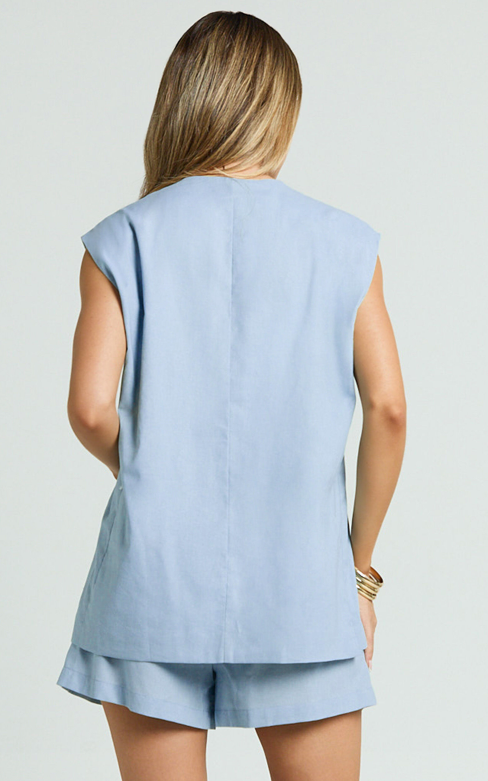 Marlee Two Piece Set - Linen Button Through Vest and Shorts Set in Blue