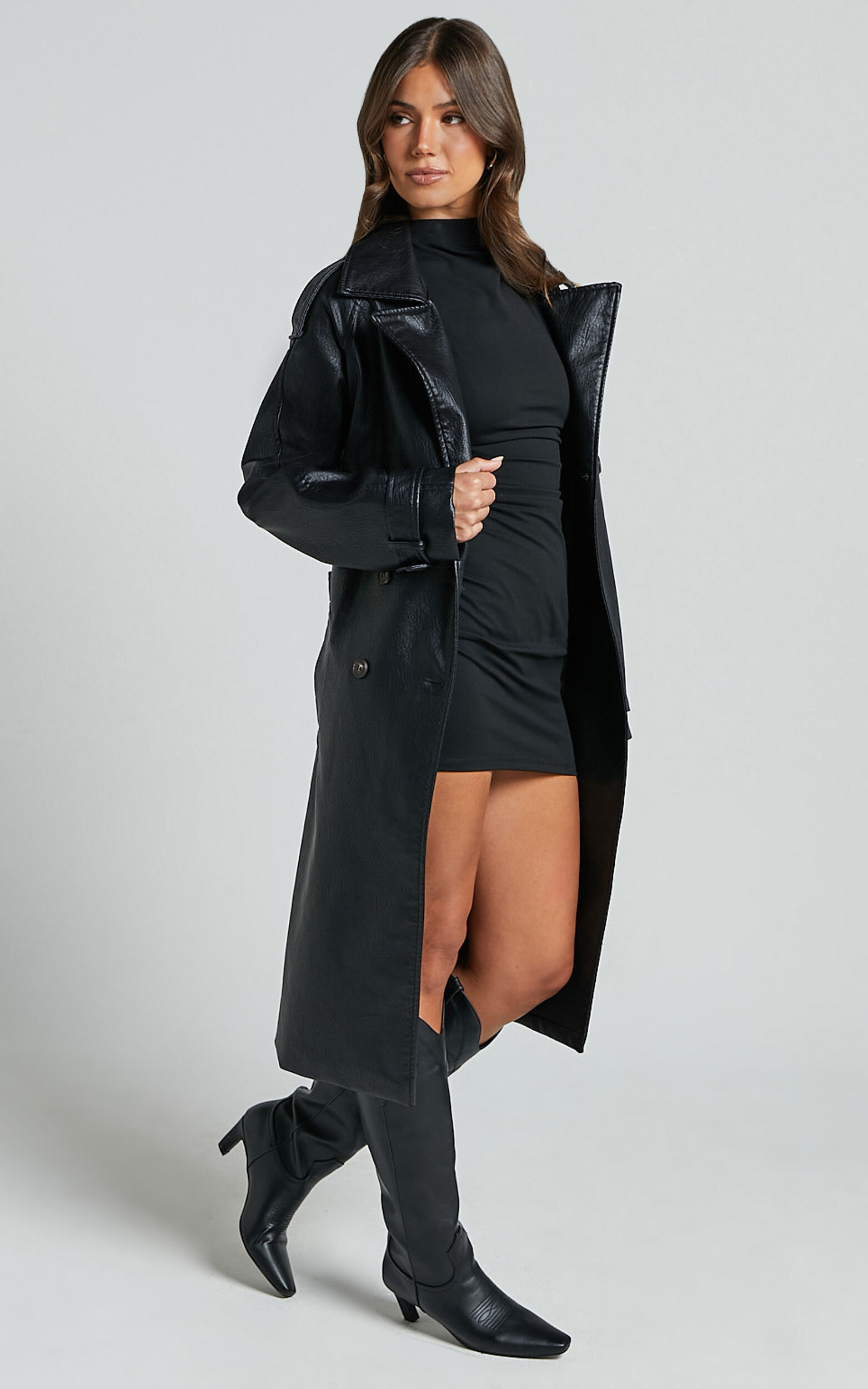 Vicki Trench Coat - Faux Leather Washed Trench Coat in Black