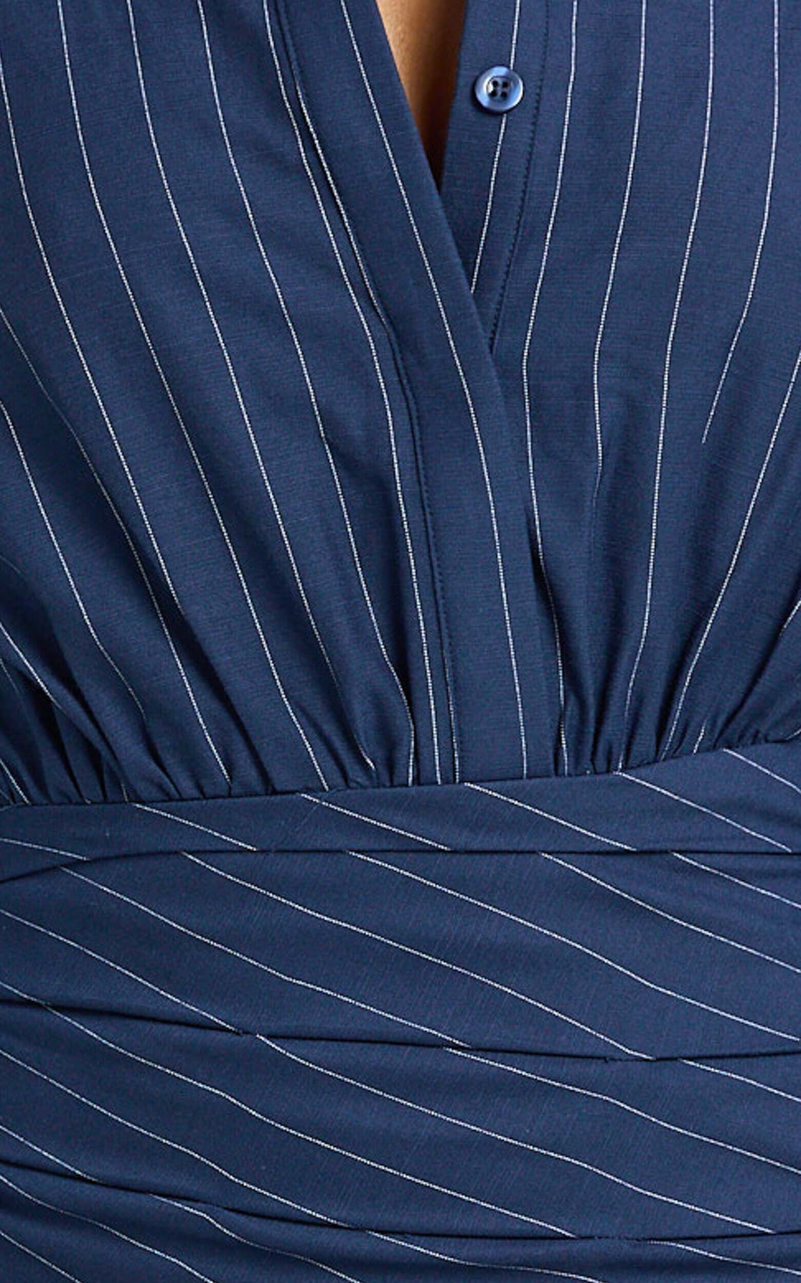 Elliot Mini Dress - Long Sleeve Pinstripe Shirt Dress in Navy Stripe