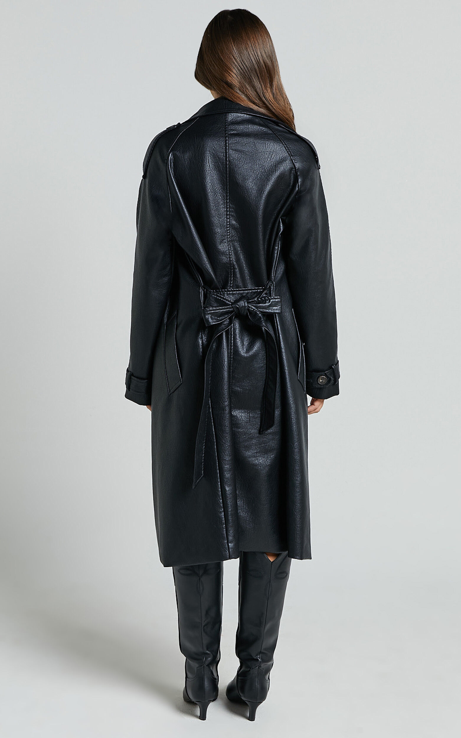 Vicki Trench Coat - Faux Leather Washed Trench Coat in Black