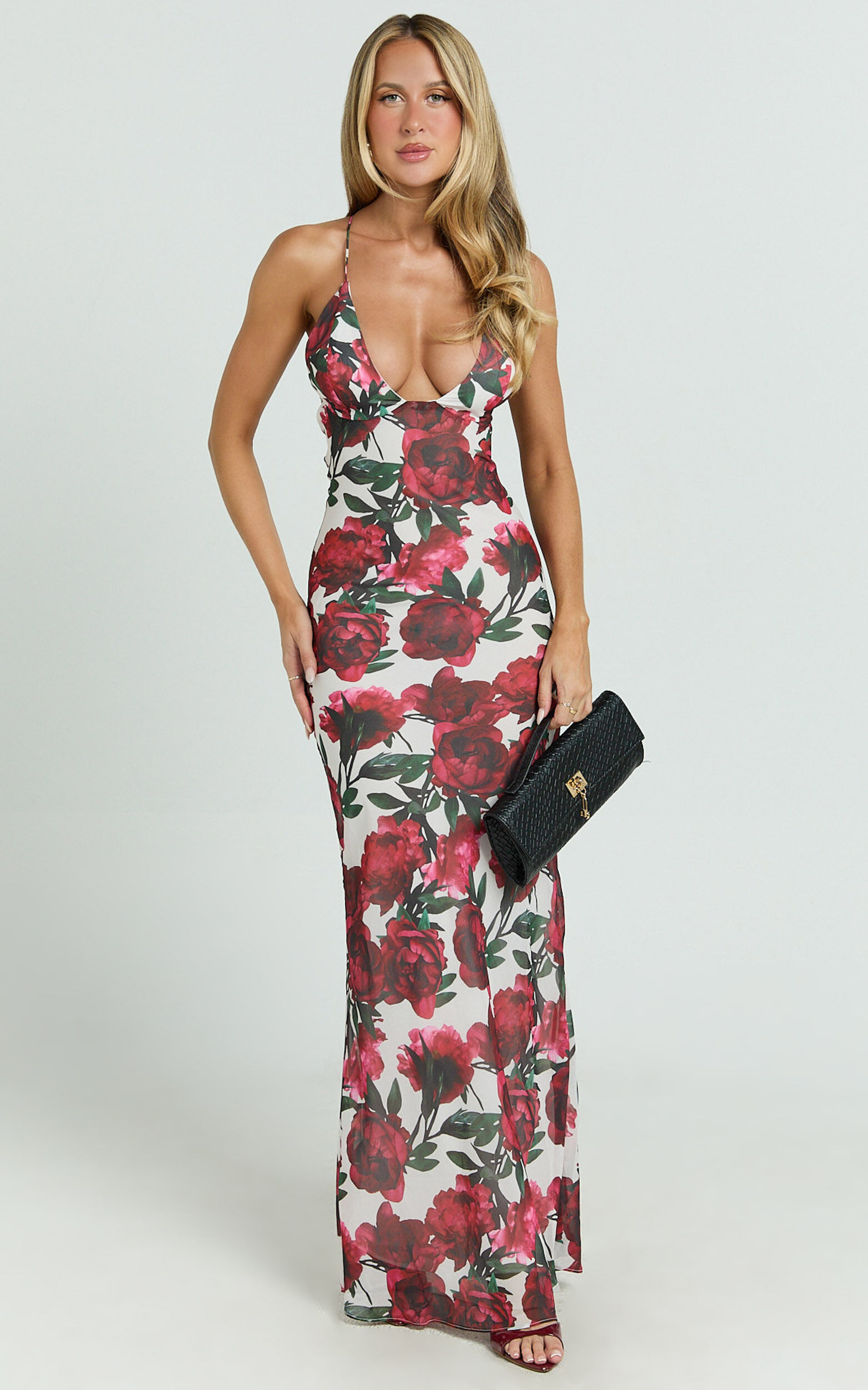 Lenny Maxi Dress - Bias Slip Lace Up Back Dress in Rose Blanca Floral