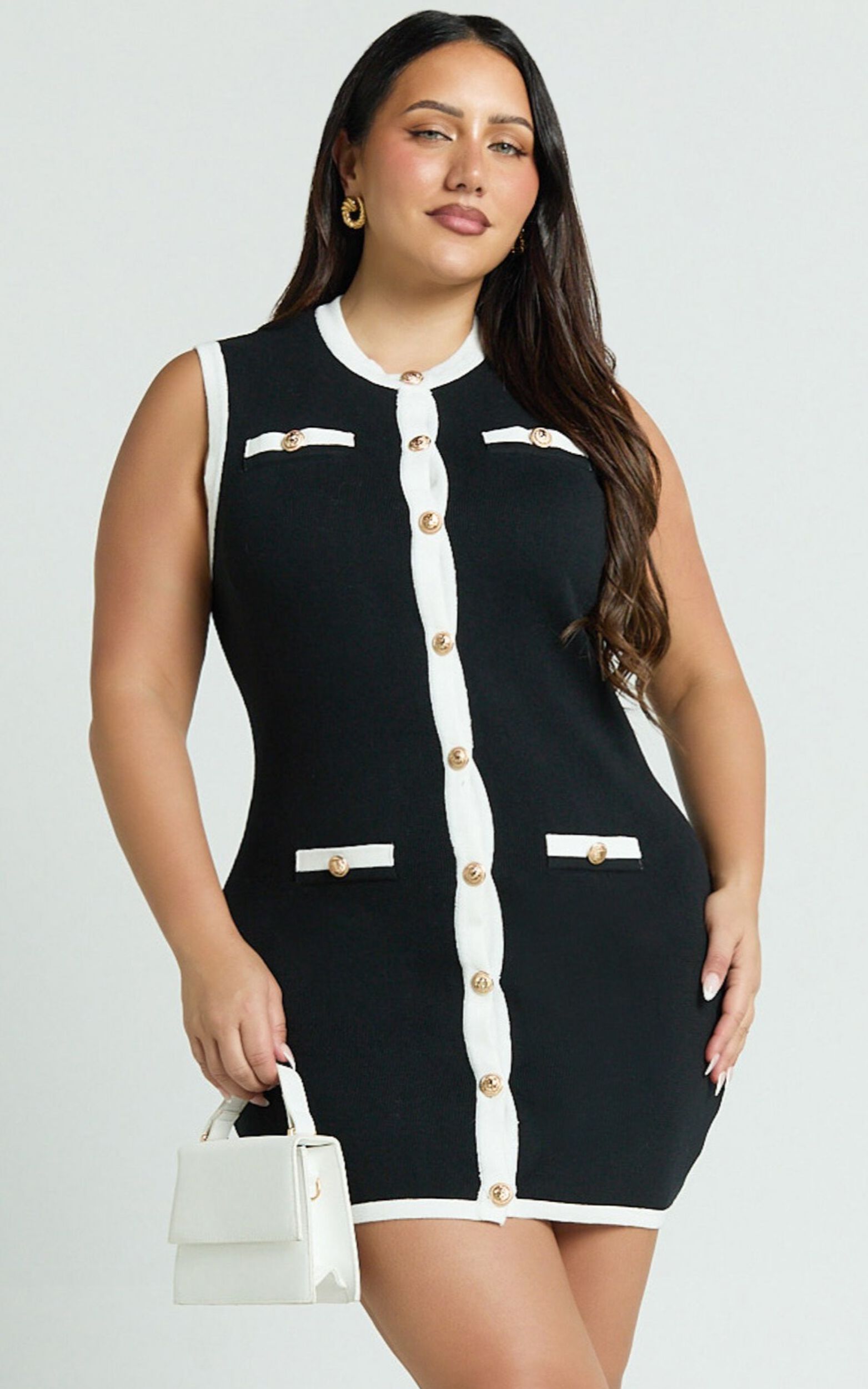 Branson Mini Dress - Sleeveless Button Down Knitted Dress in Black