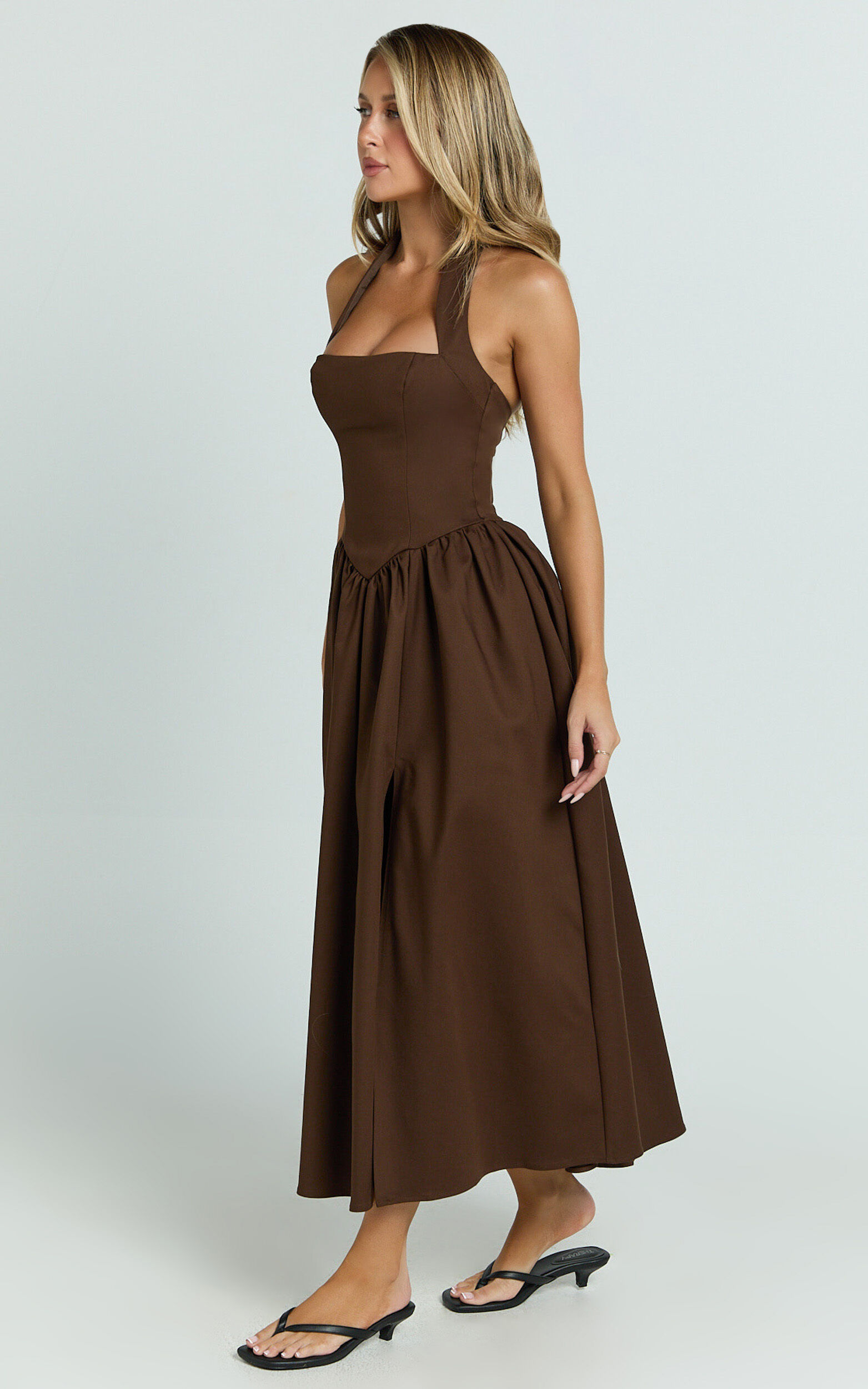 Helda Midi Dress - Halter Tie Neck Corset Panel Dress in Chocolate