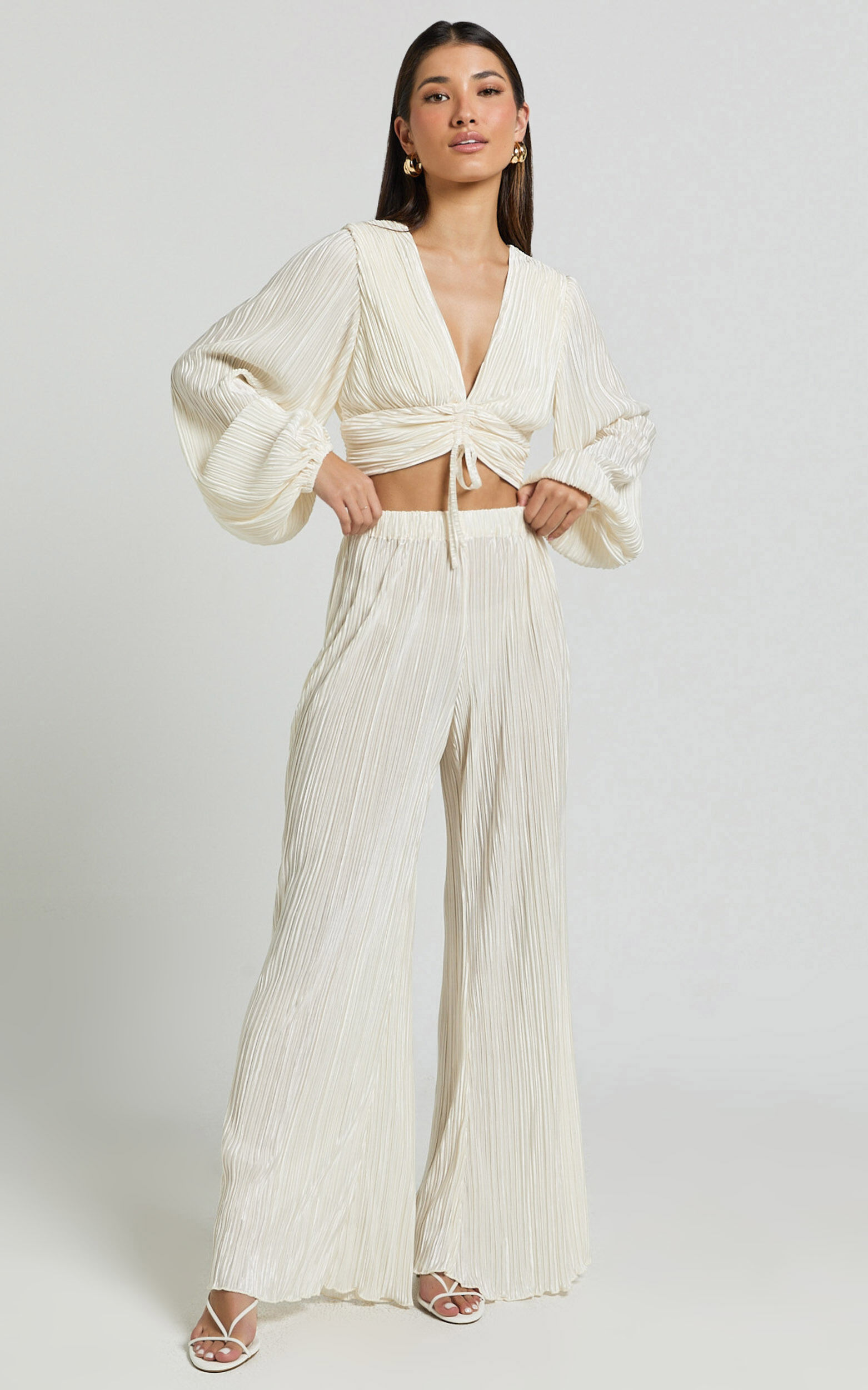 Beca Pants - High Waisted Plisse Flared Pants in Cream