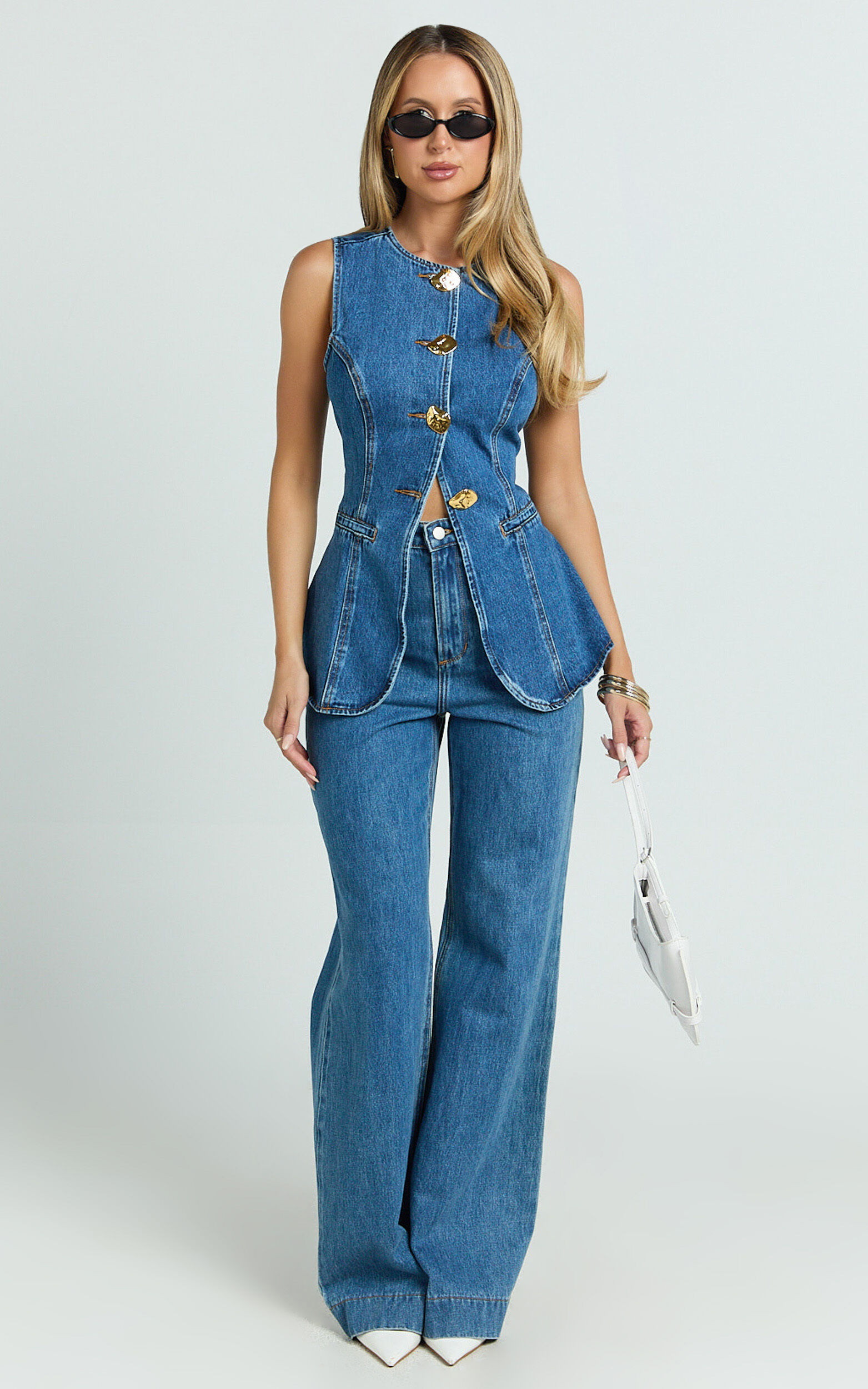 Rhianna Top - Detailed Button Down Longline Recycled Denim Vest Top in Dark Blue Wash