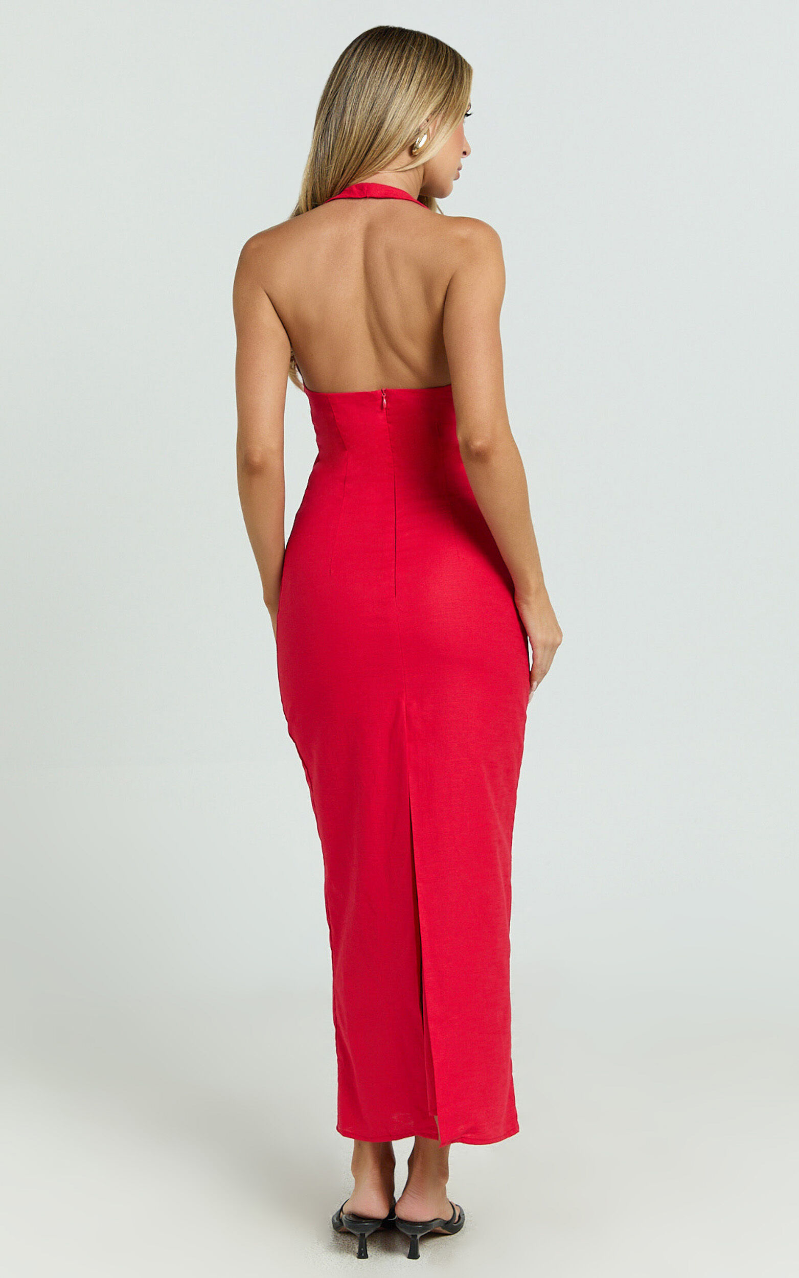 Lyla Midi Dress - Tie Front Plunge Halter Linen Blend Dress in Red