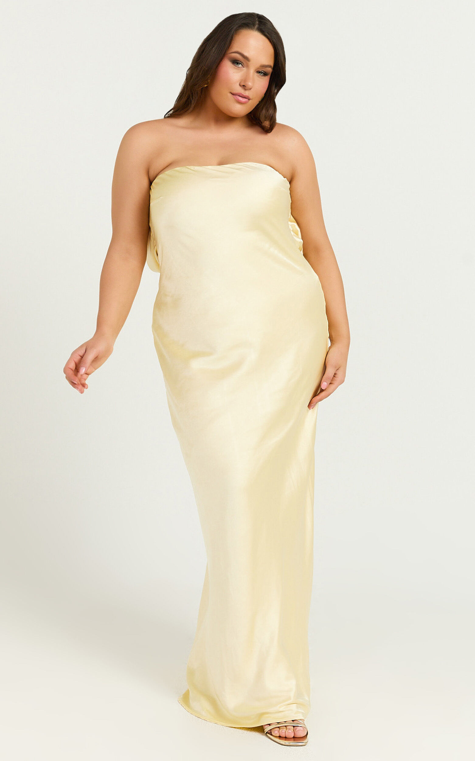 Charlita Maxi Dress - Strapless Cowl Back Satin Dress in Butter Yellow