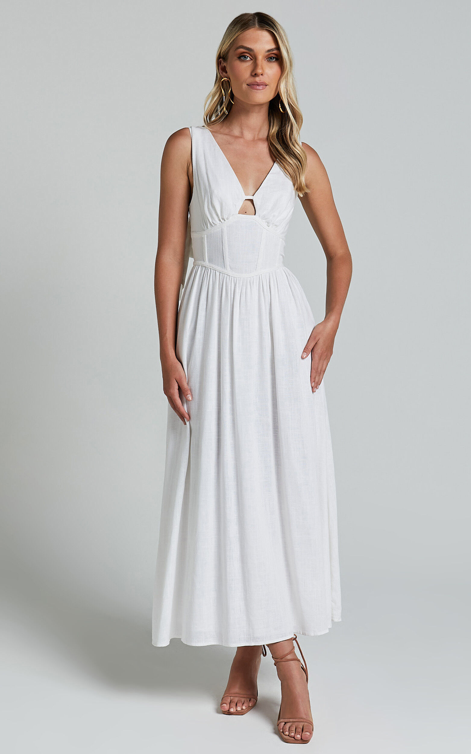 Amalie The Label - Chamika Linen Blend Bustier Double Tie Back Midi Dress in White