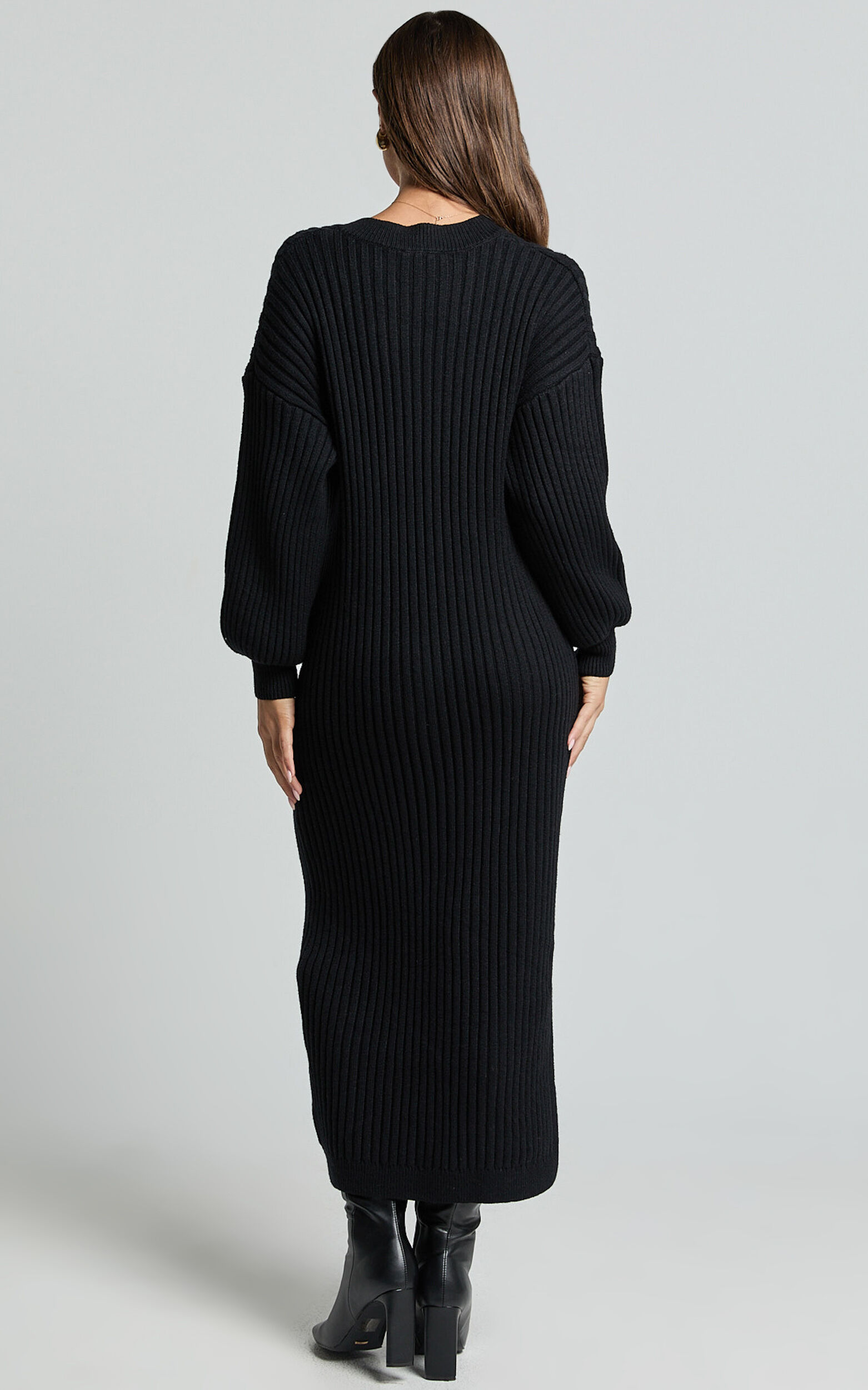 Kartia Midi Dress - V Neck Knit Dress in Black