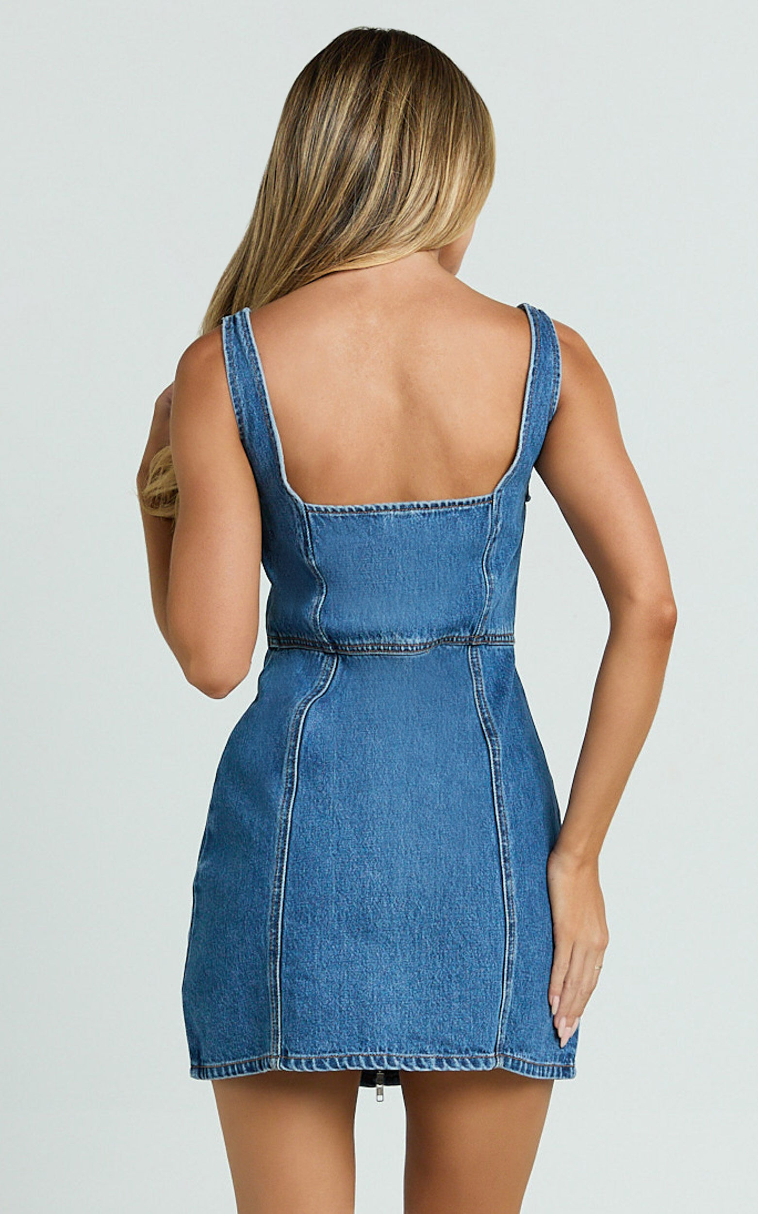 Chrysoula Mini Dress - Square Neck Zip Front Sleeveless Bodycon Denim in Mid Blue Wash