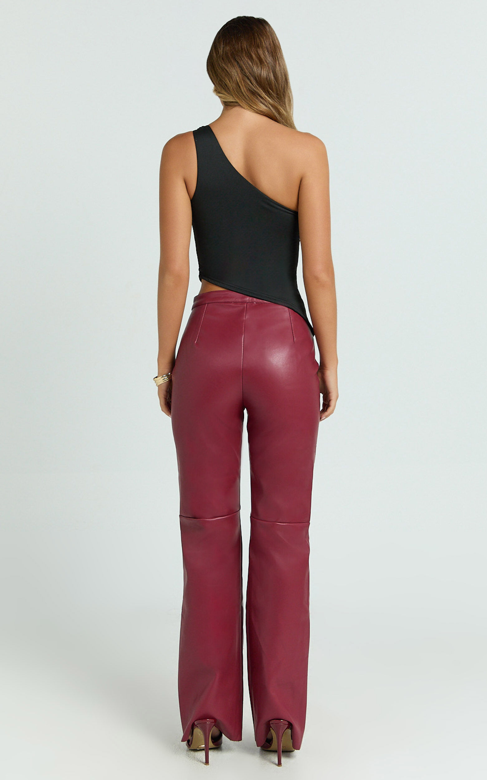 Marzia Pants - Faux Leather Mid Waisted Straight Leg Pants in Wine