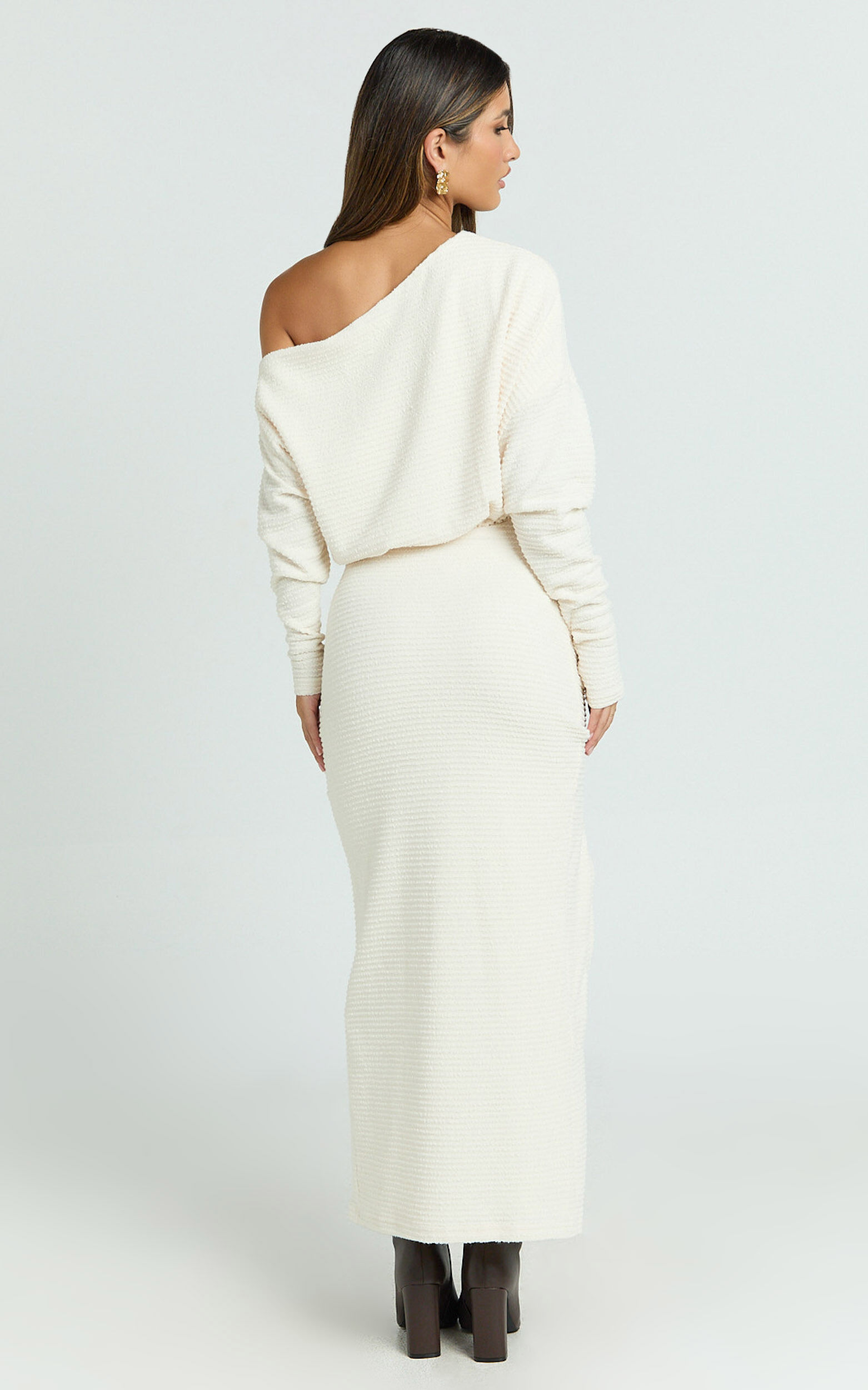 Alyce Midi Dress - Jersey Asymmetric Ruched Bodycon Dress in Off White