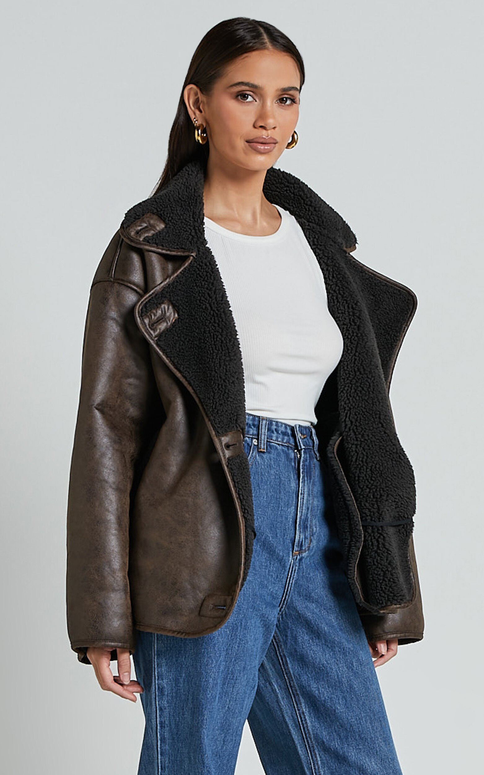 Matilda Jacket - PU Borg Collar Jacket in Brown