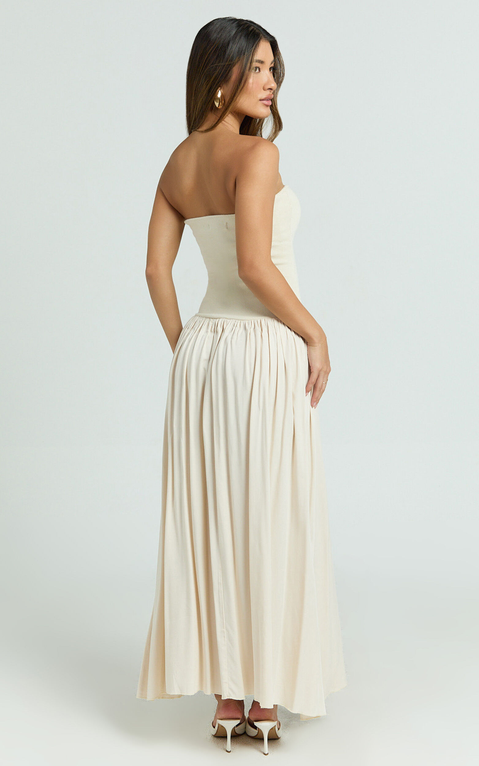Harlee Maxi Dress - Strapless Drop Waist Knit Bodice Full Gathered Skirt Dress in Cream