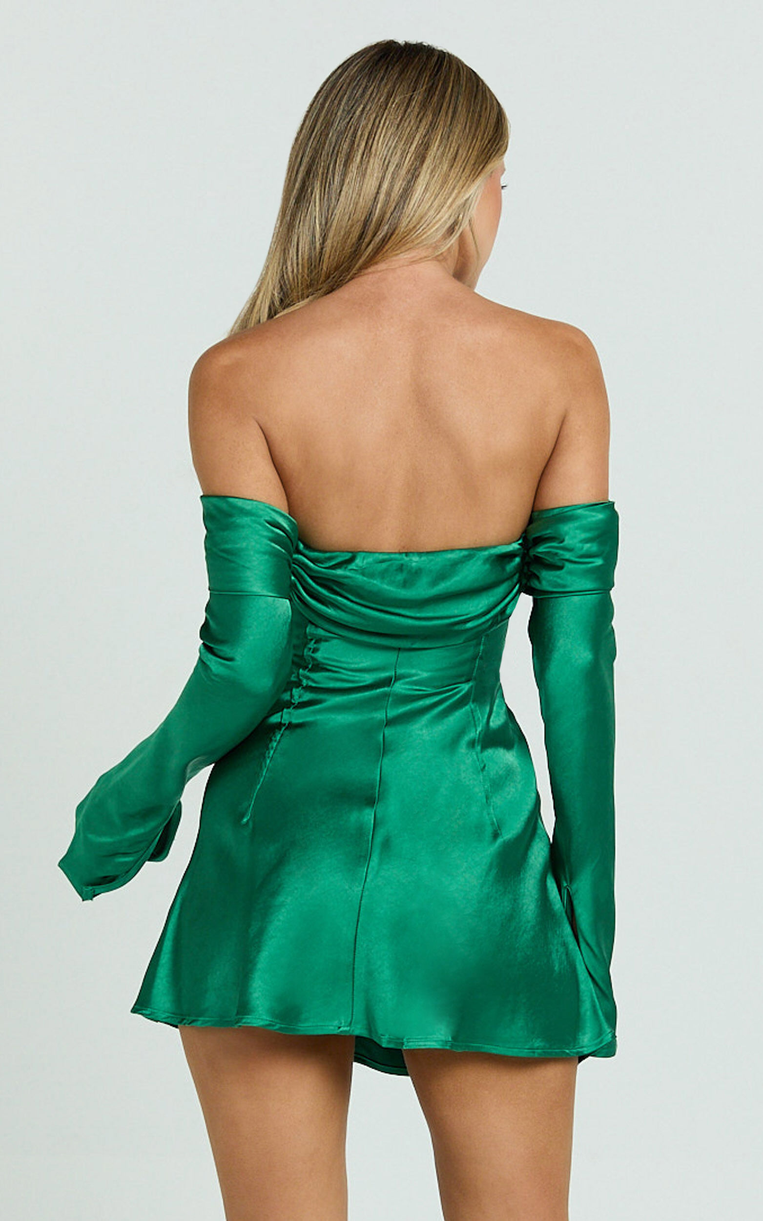 Izzy Mini Dress - Long Sleeve Off Shoulder Satin Slip Dress in emerald