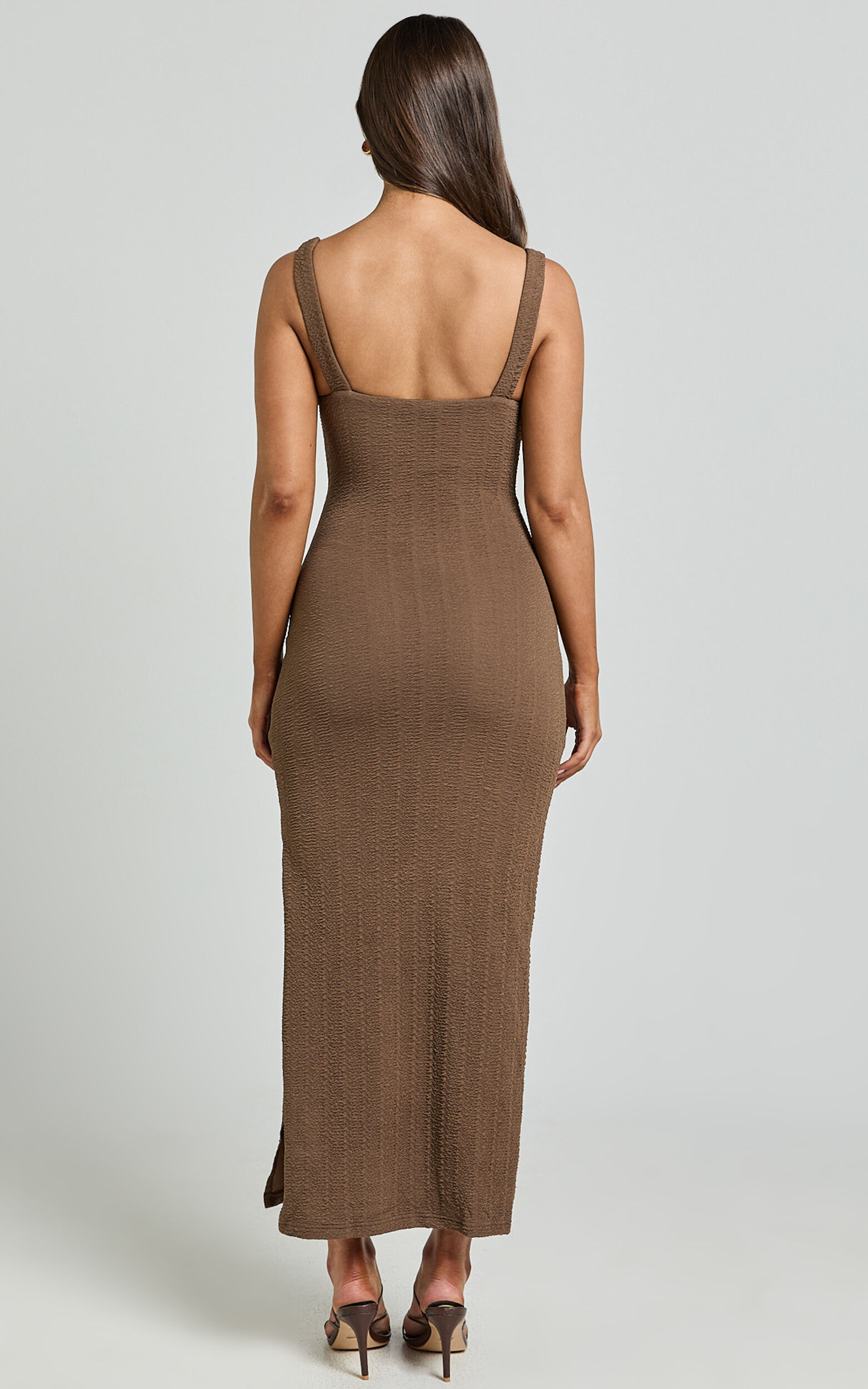Bianca Midi Dress - Twist Front Cut Out Ruched Dress in Brown