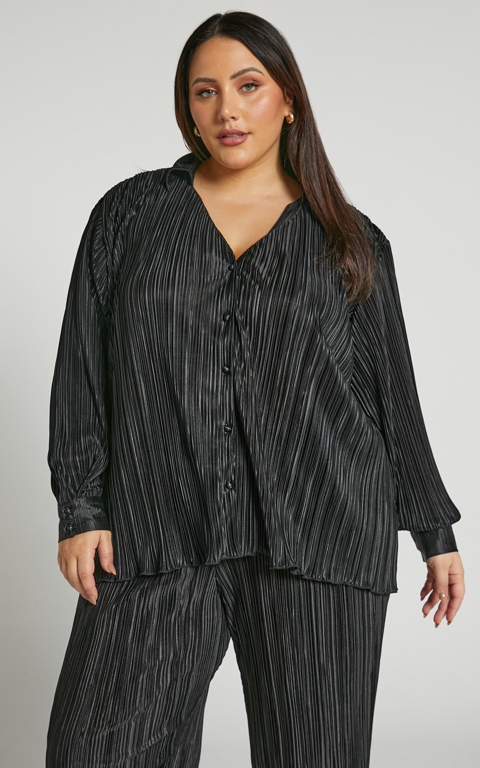 Beca Shirt - Plisse Button Up Shirt in Black