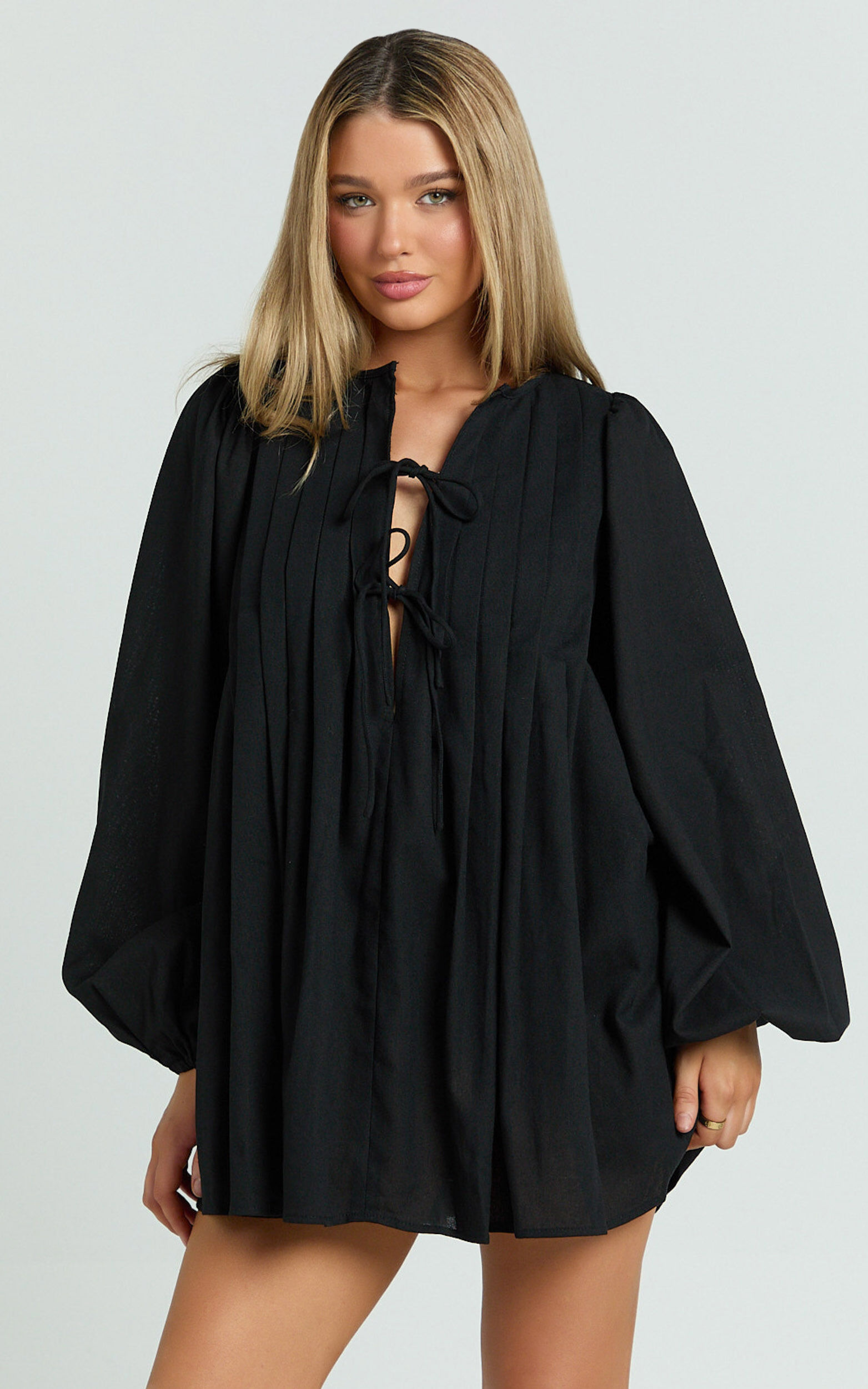 Suzette Mini Dress - High Neck Tie Front Long Sleeve Pleat Front Babydoll Dress in Black