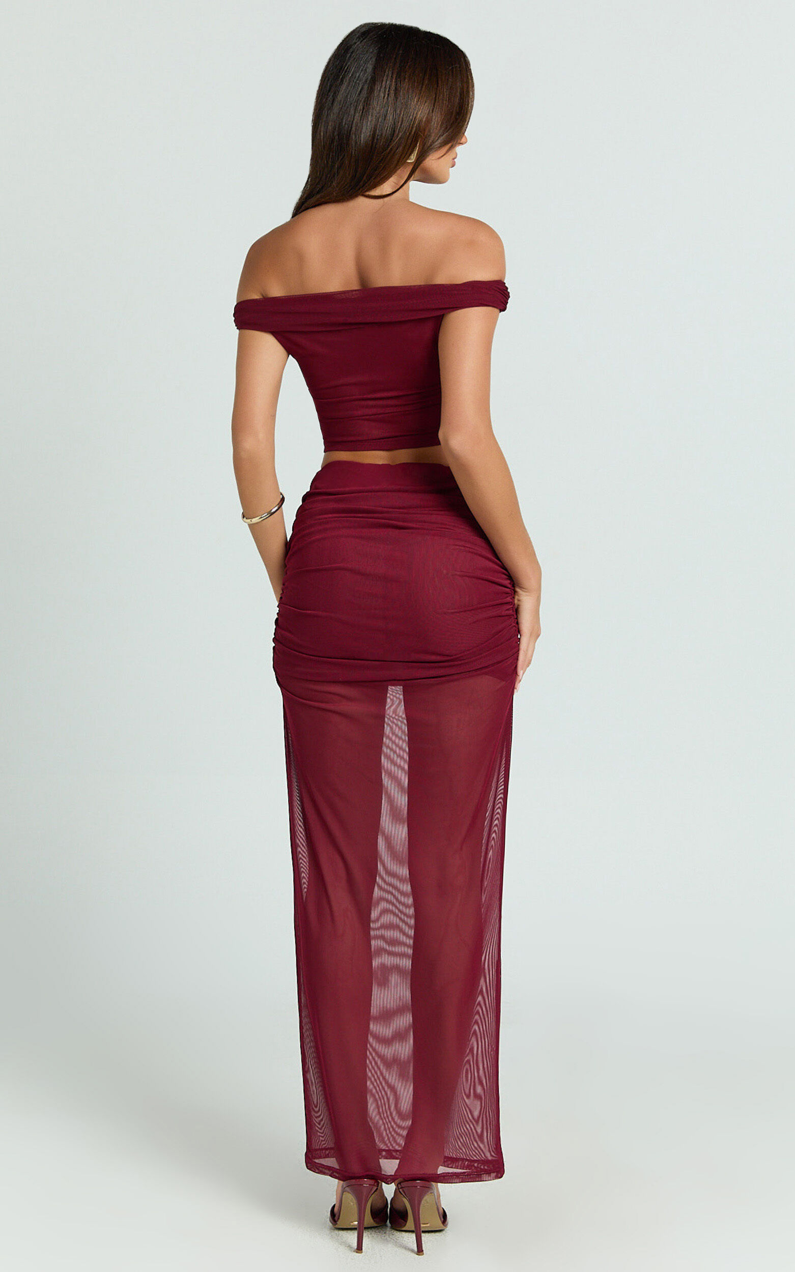 Francine Two Piece Set - Twist Front Top and Mid Waist Gathered Midi Skirt in Wine