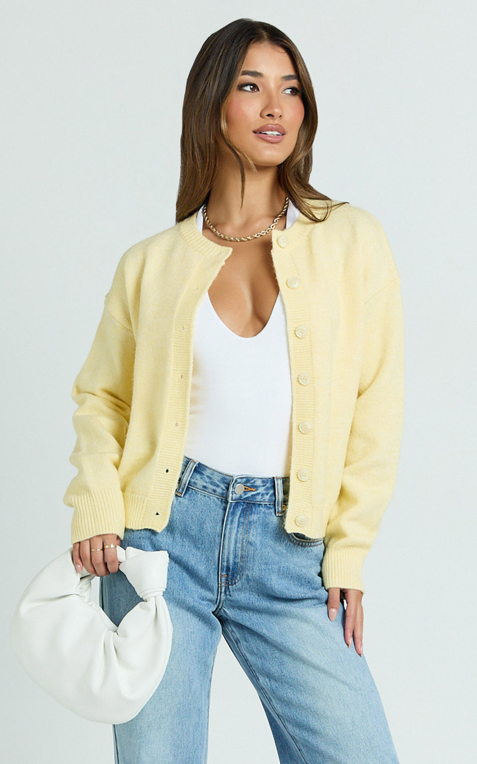 Lucille Cardigan - Button Through Scoop Neck Knit Cardigan in Lemon