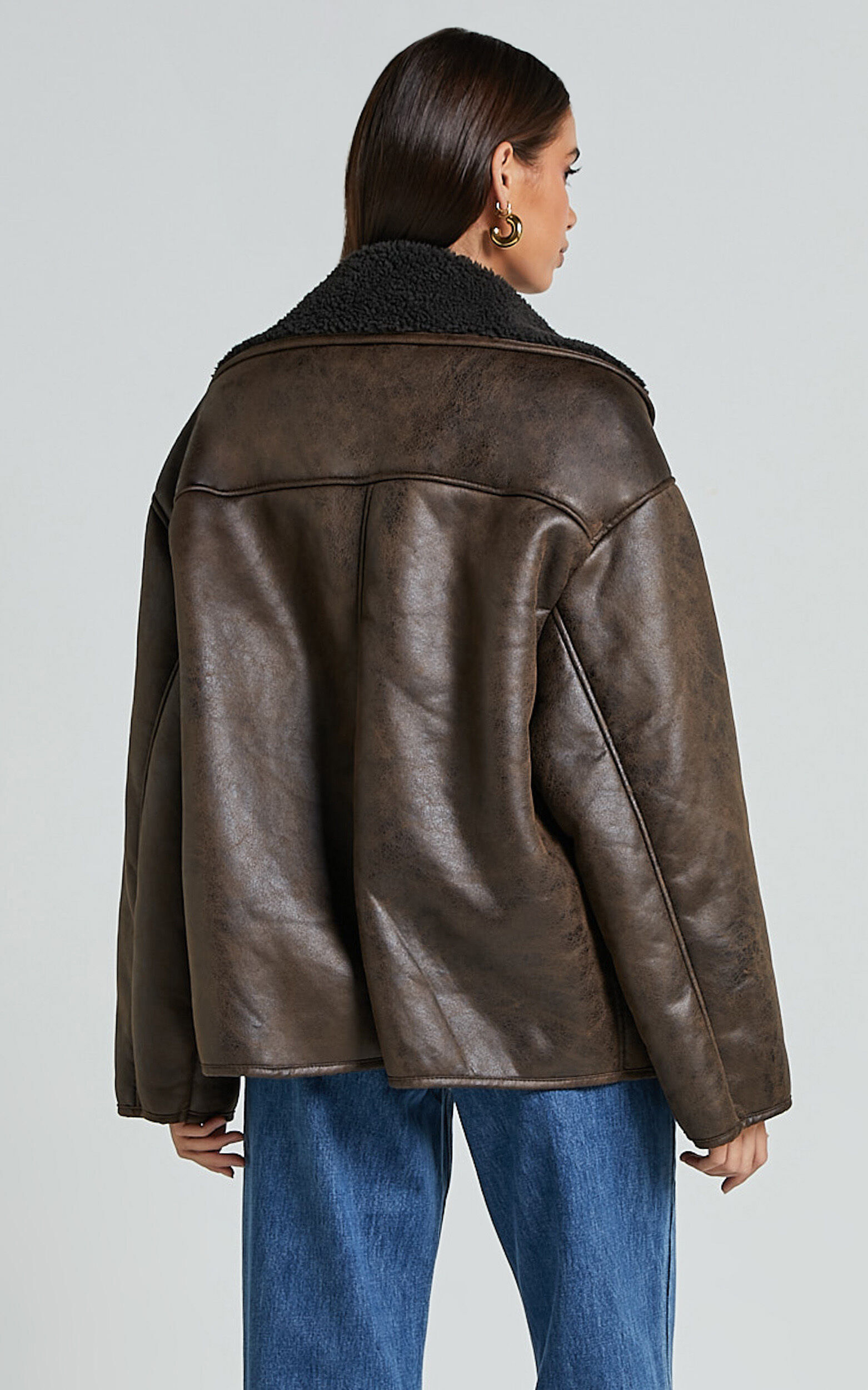 Matilda Jacket - PU Borg Collar Jacket in Brown