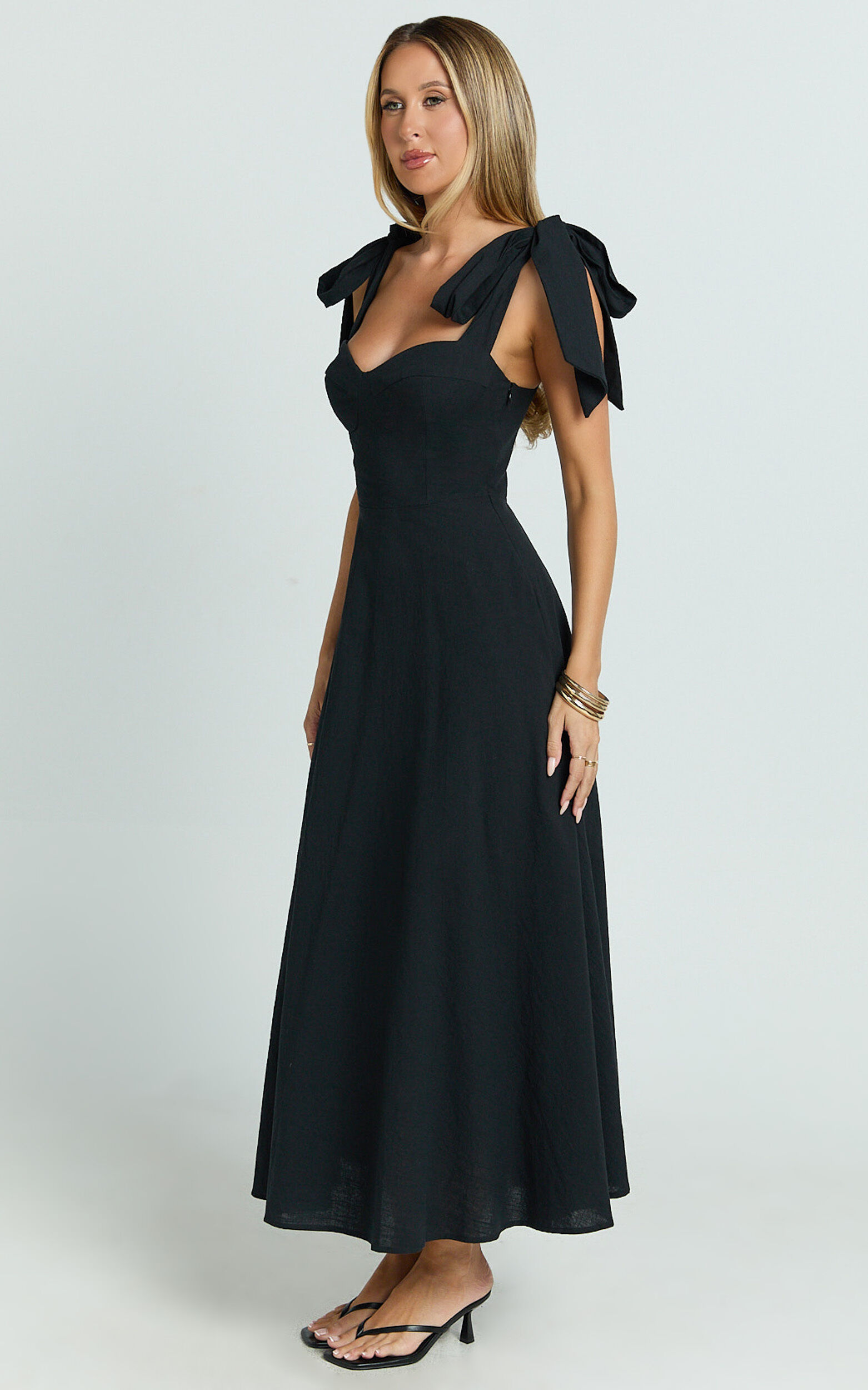 Tymia Midi Dress - Shoulder Tie Bustier Shirred Back A Line in Black