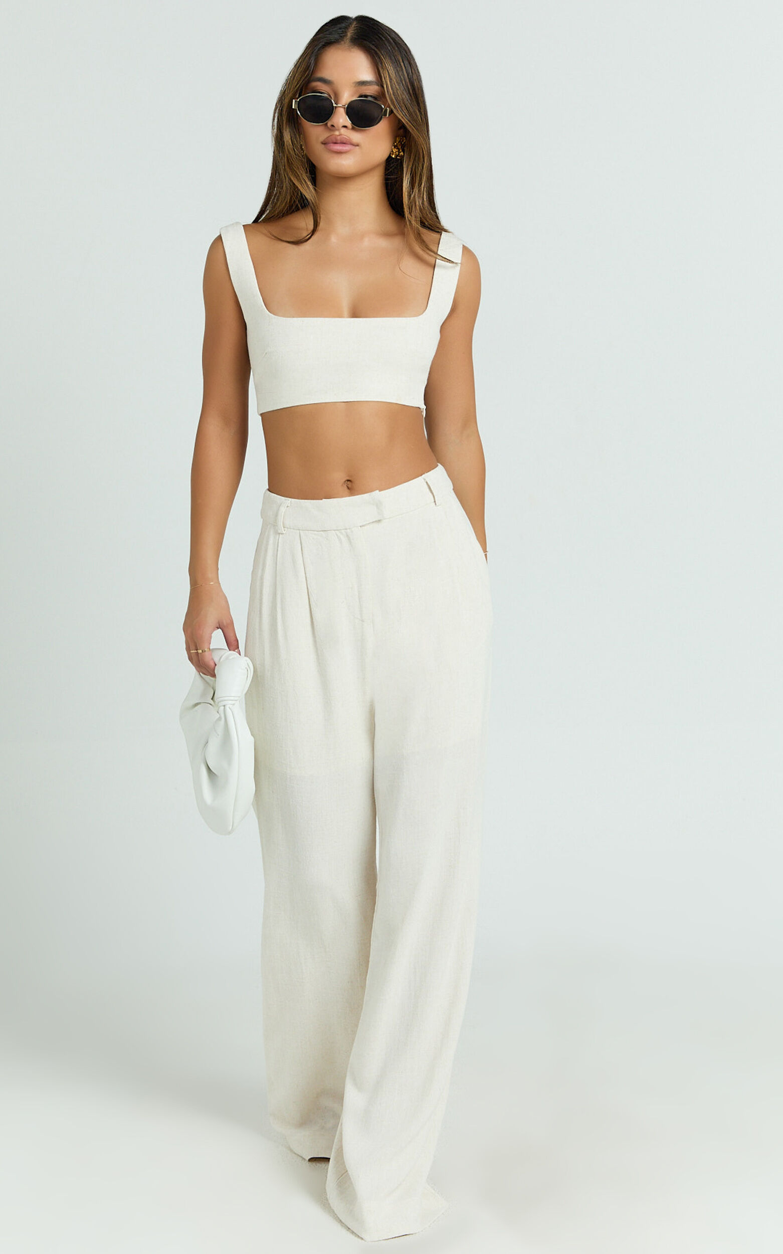 Gaia Two Piece Set - Linen Look Square Neck Crop Top and High Waist Pants Set in Stone