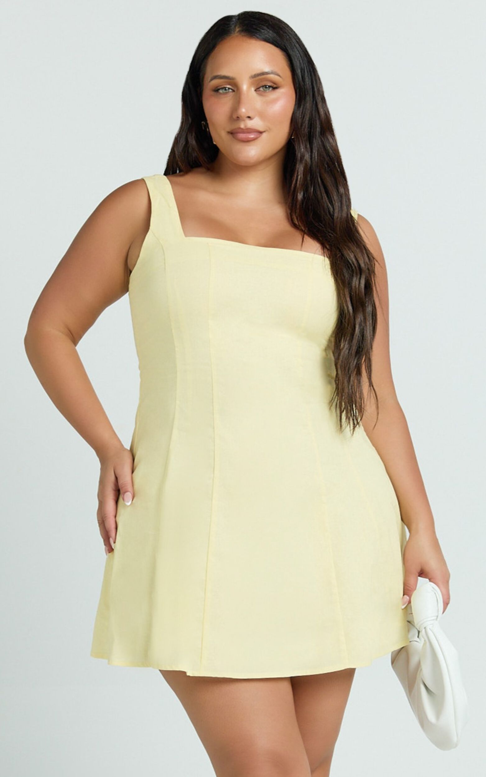 Adiana Mini Dress - Linen Square Neck Shirred Back A Line Dress in Lemon
