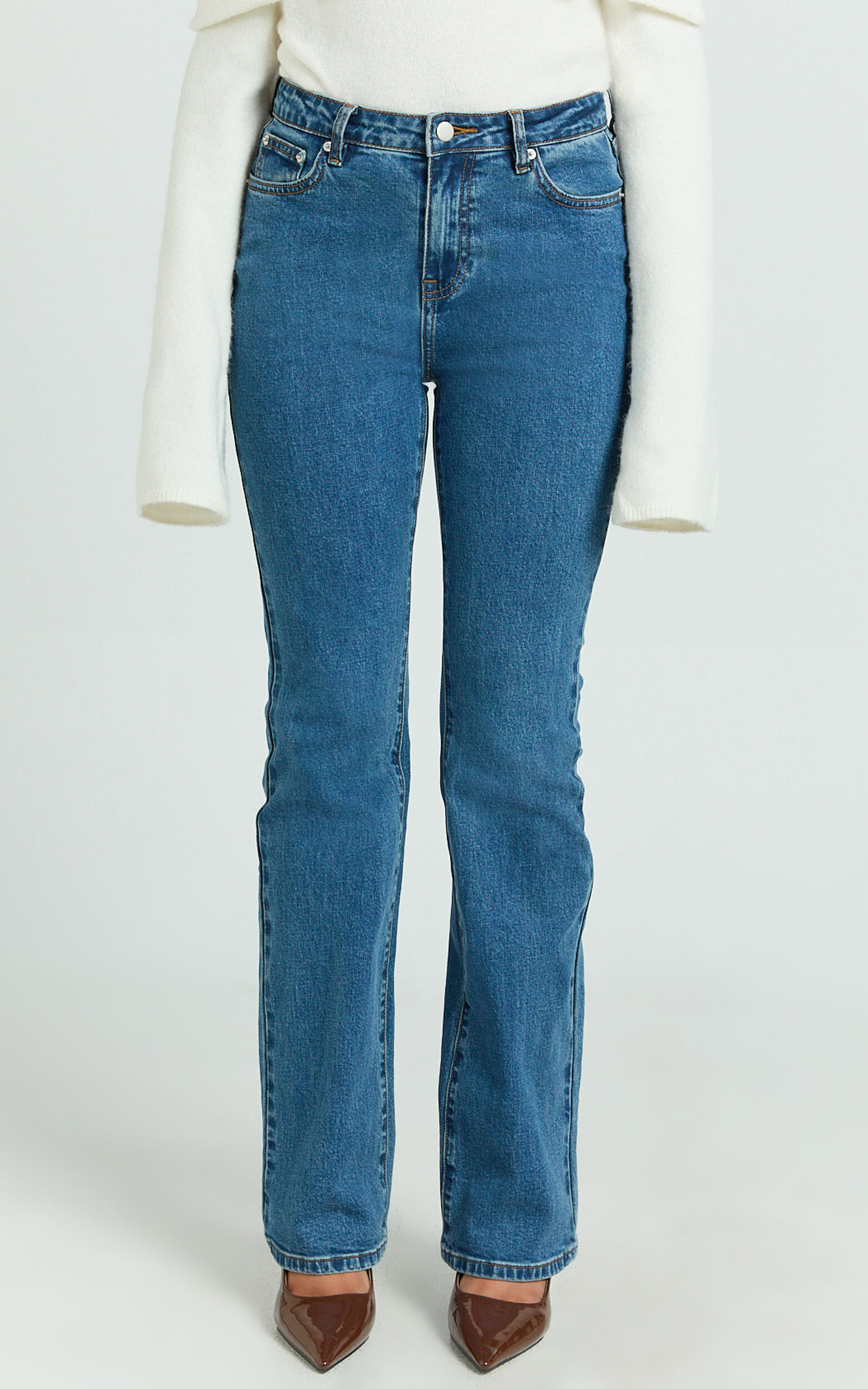 Inez Jeans - Mid Rise Slim Straight Bootcut Jeans in Dark Blue Wash