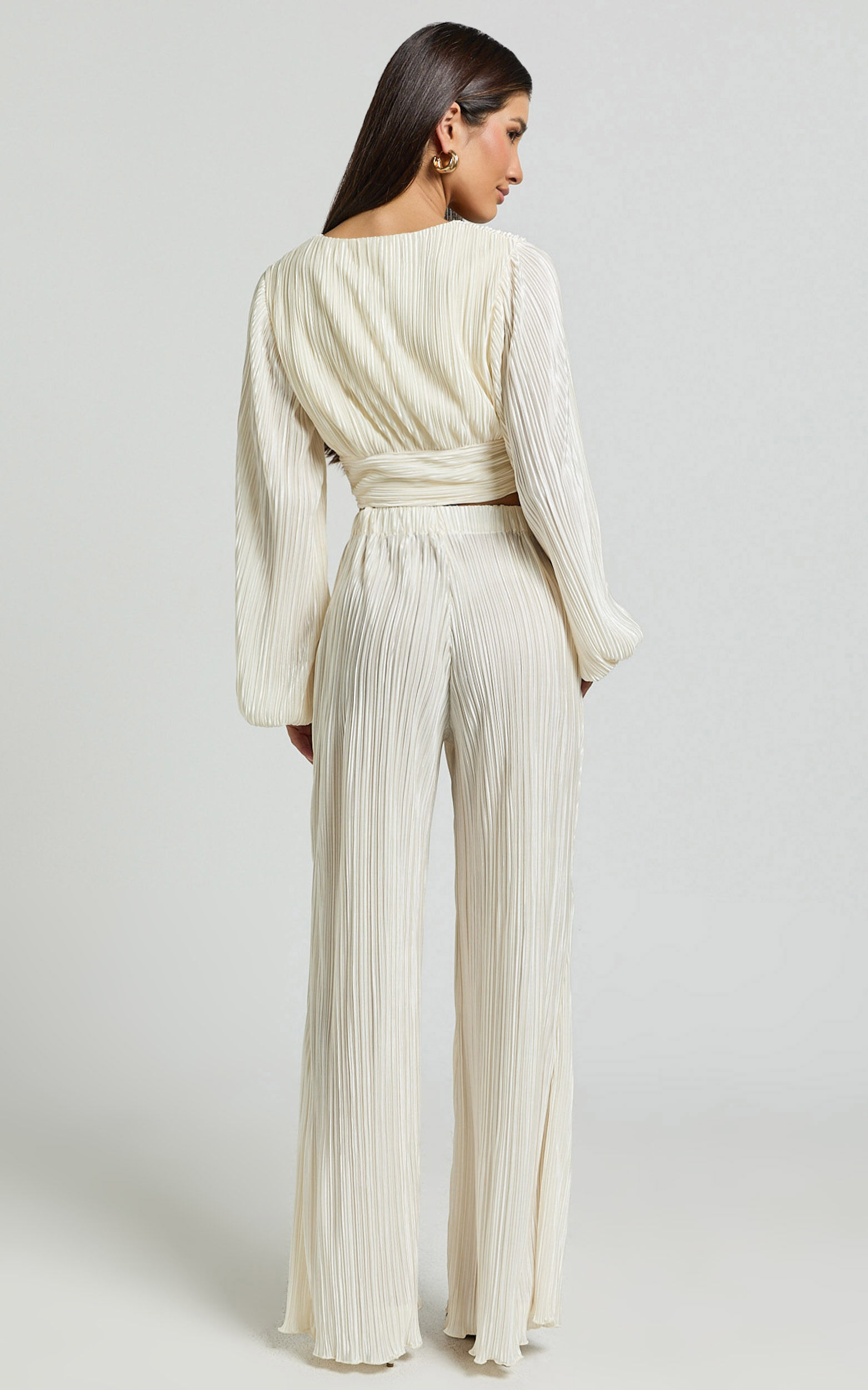 Beca Pants - High Waisted Plisse Flared Pants in Cream