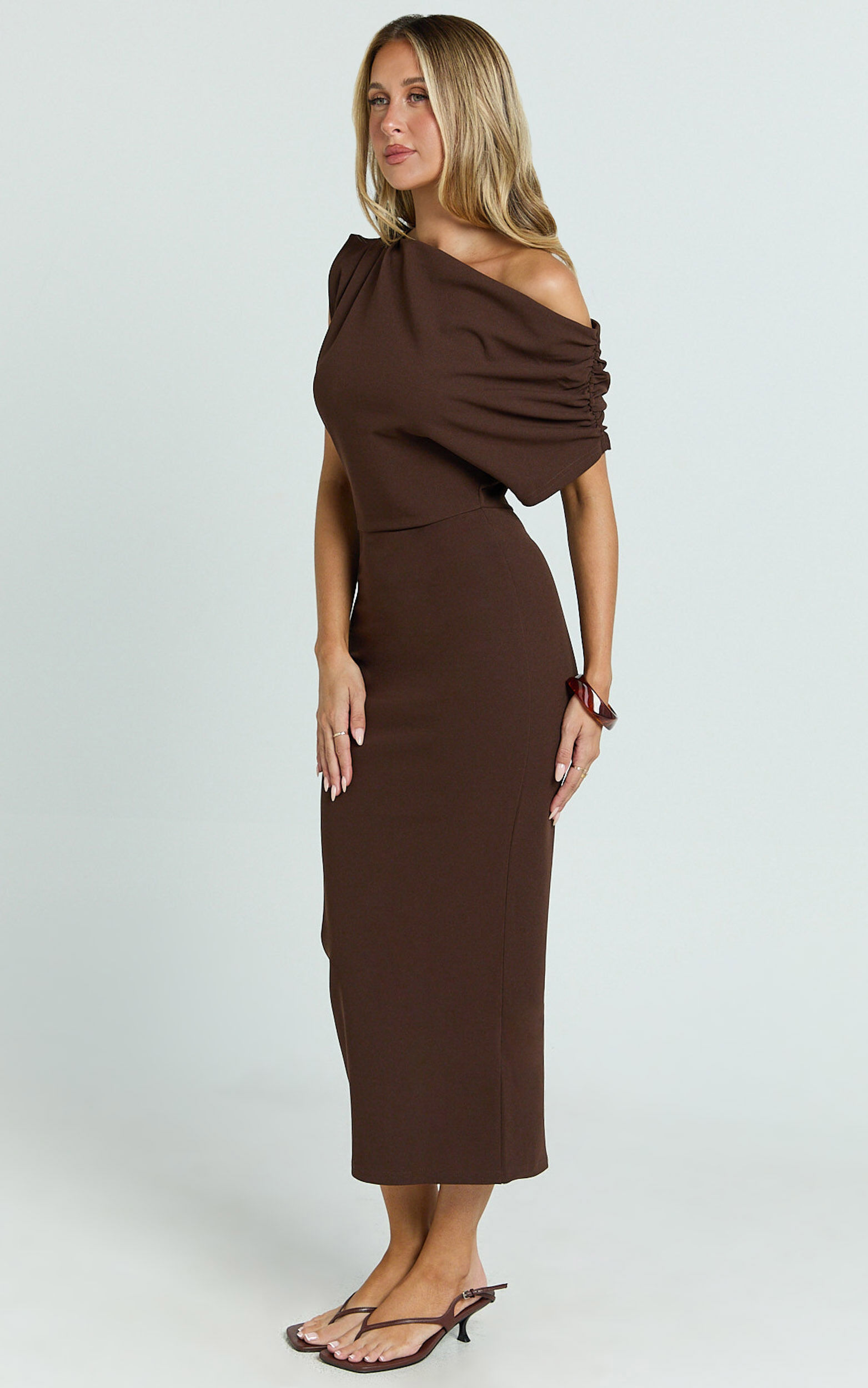Nalfie Midi Dress - Tipped Shoulder Jersey Drape Dress in Chocolate