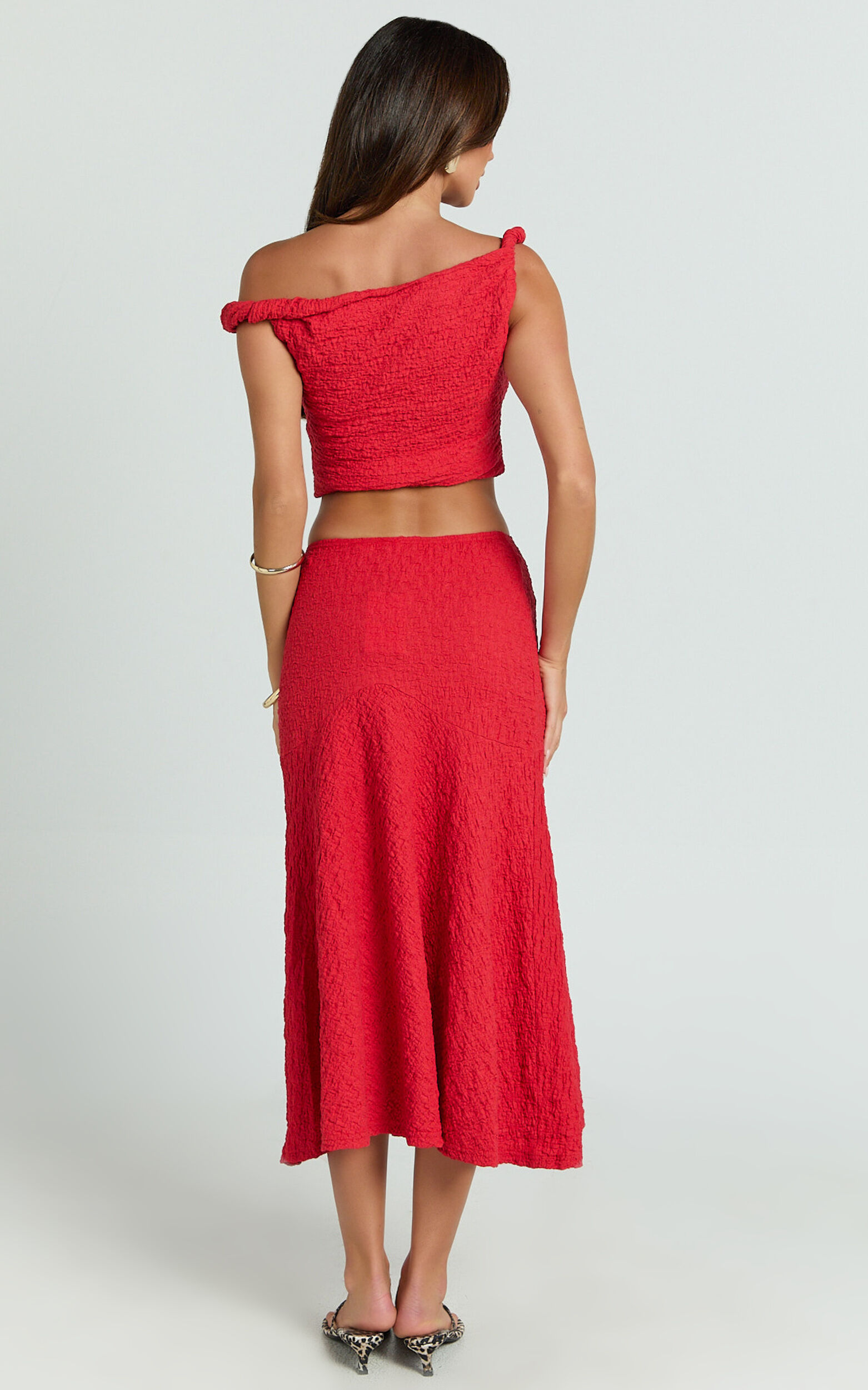 Rowena Two Piece Set - Twist Tip Shoulder Top and Mid Rise Skirt in Deep Red