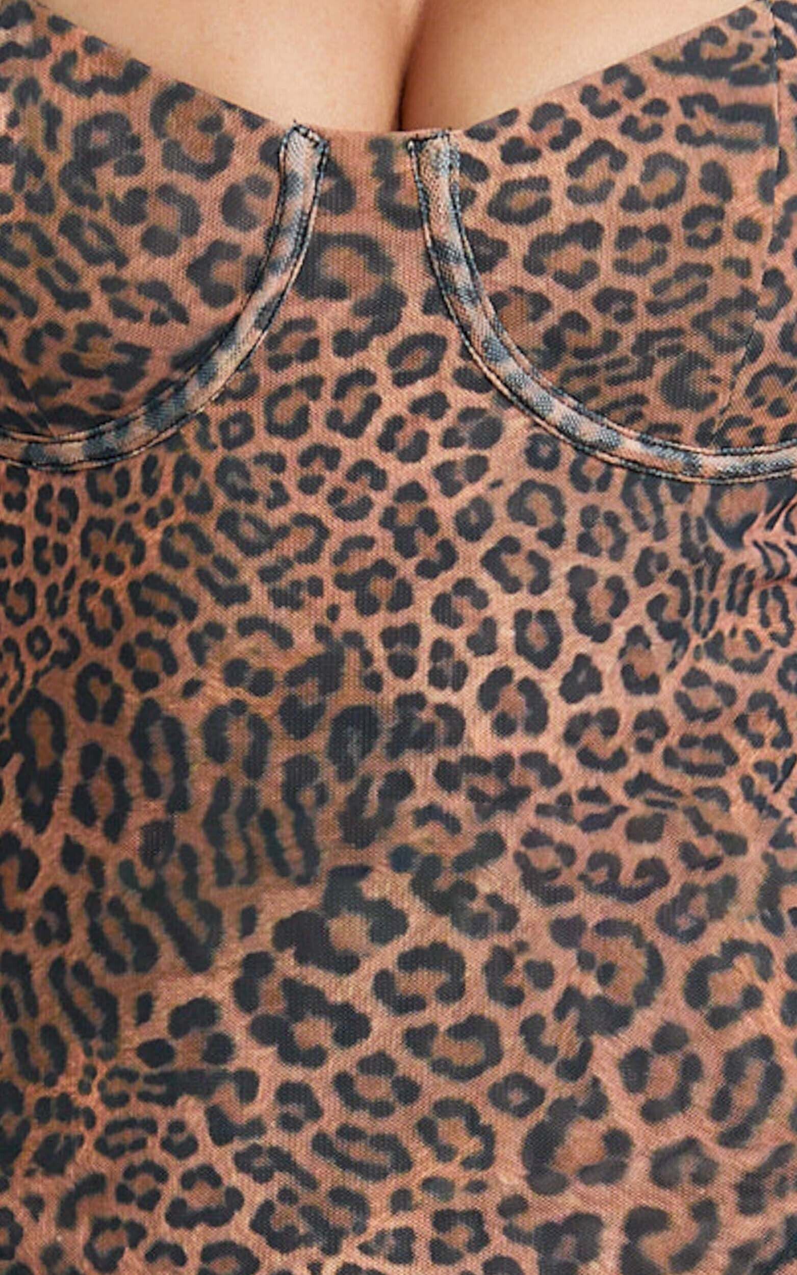 Laney Maxi Dress - Mesh Sweetheart Neck Bodycon Dress in Leopard Print