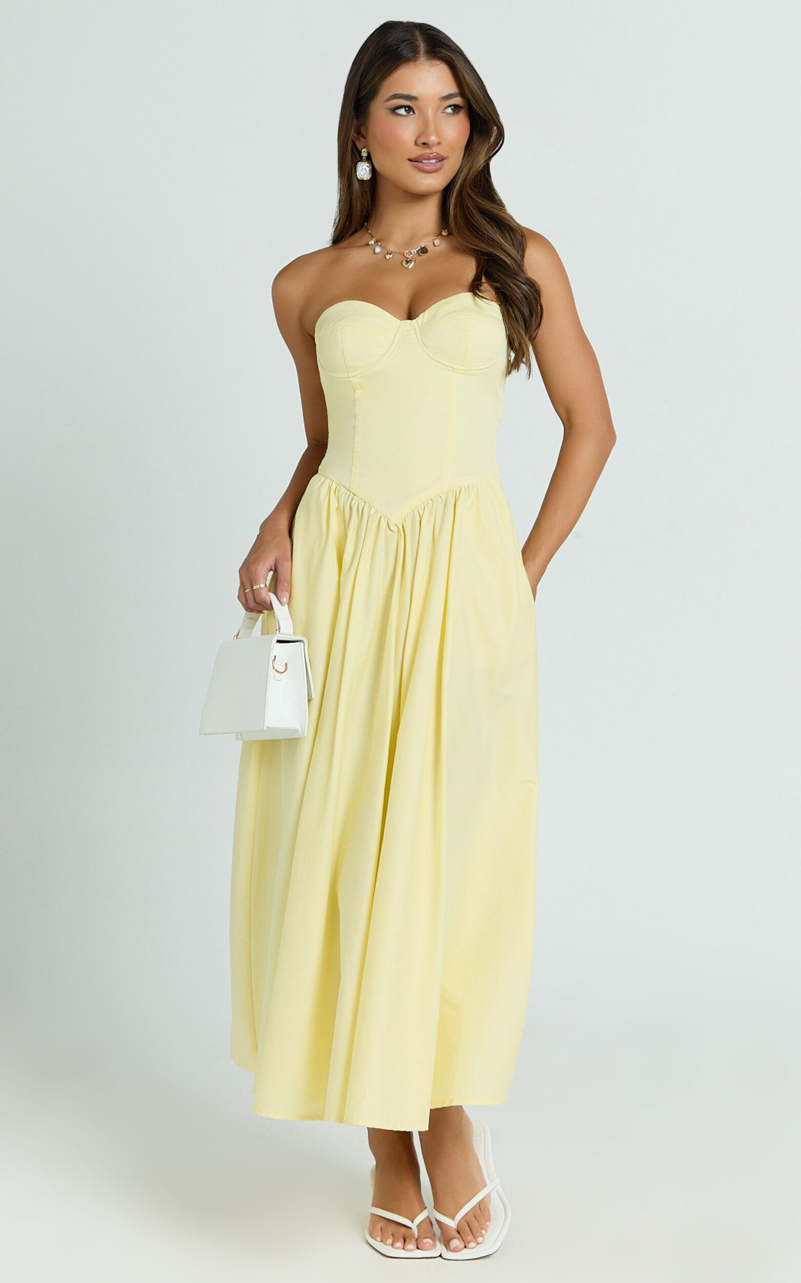 Daria Midi Dress - Strapless Corset Gathered Dress in Lemon