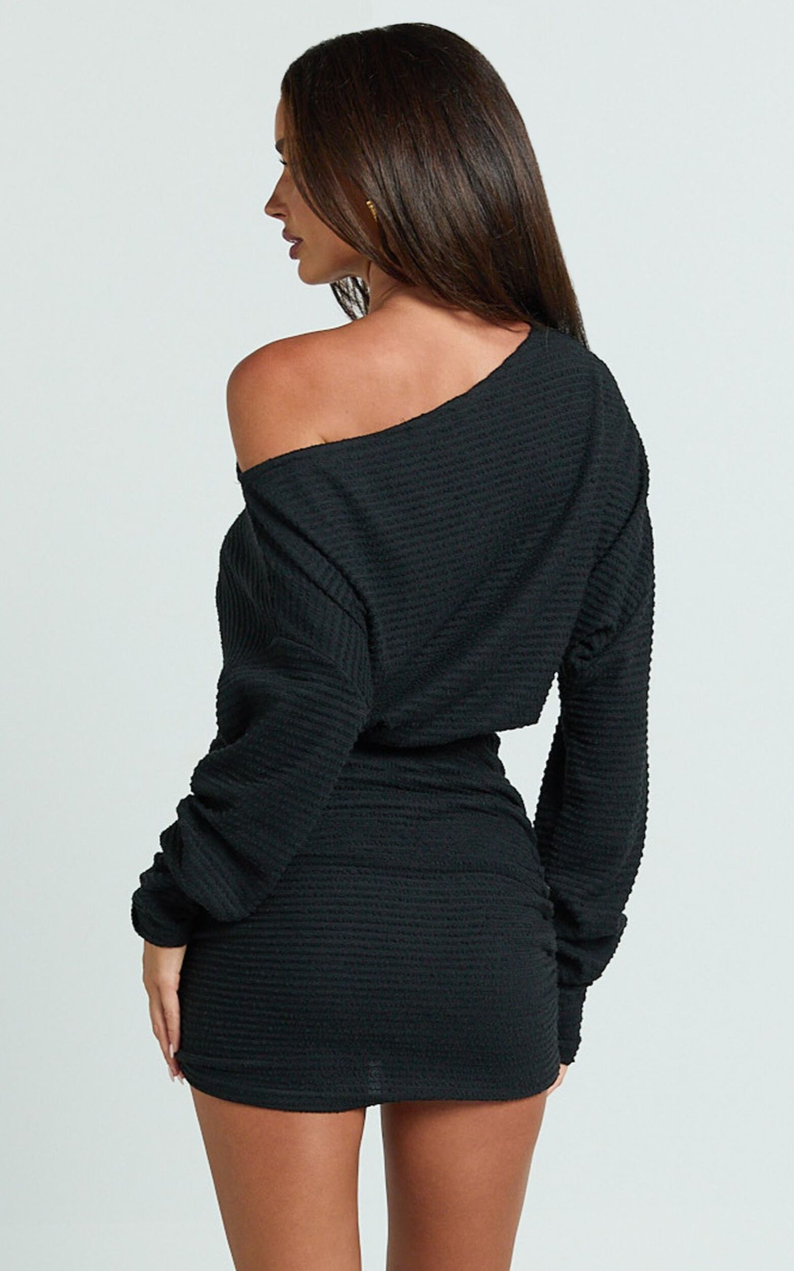 Alyce Mini Dress - Long Sleeve One Shoulder Dress in Black