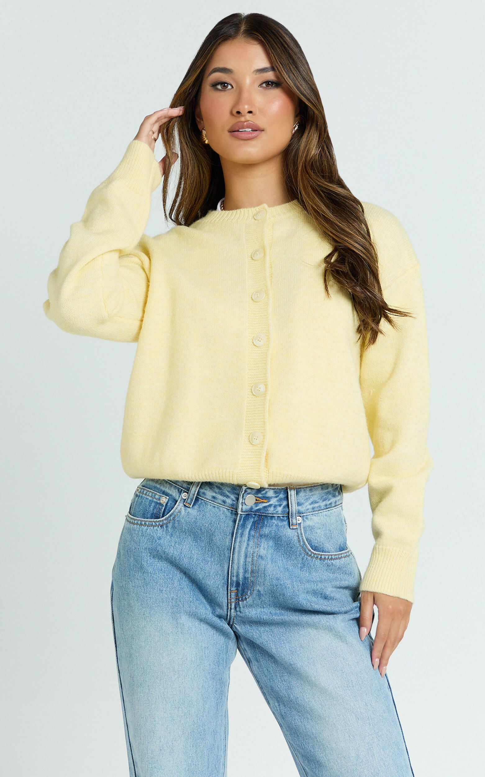 Lucille Cardigan - Button Through Scoop Neck Knit Cardigan in Lemon