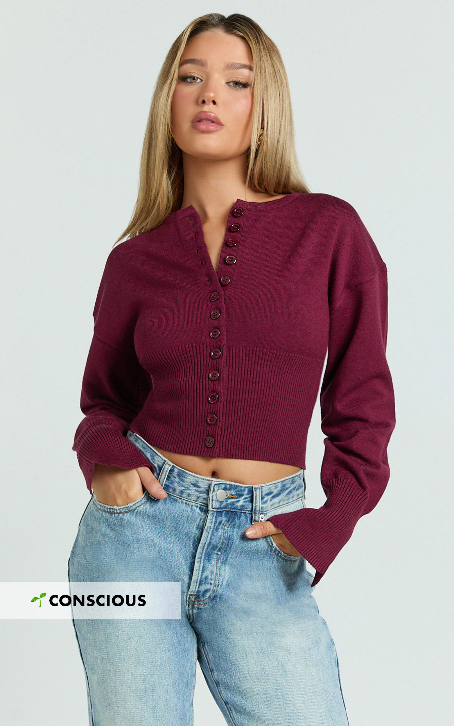 Ramsey Cardigan - Recycled Contoured Waist Button Down Cardigan in Wine