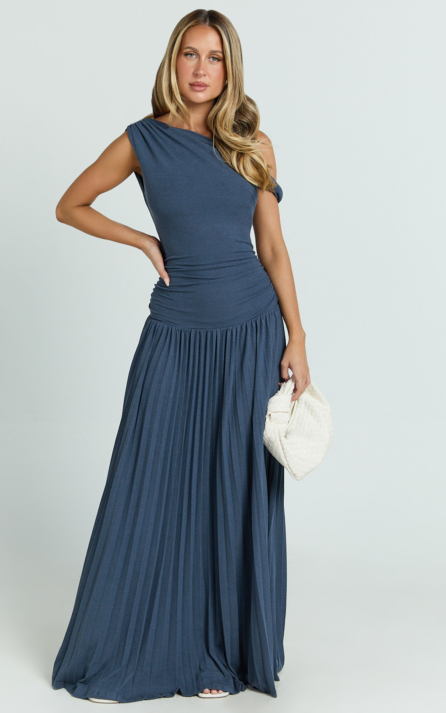 Yvonne Maxi Dress - Jersey Tip Shoulder Ruched Dress in Navy