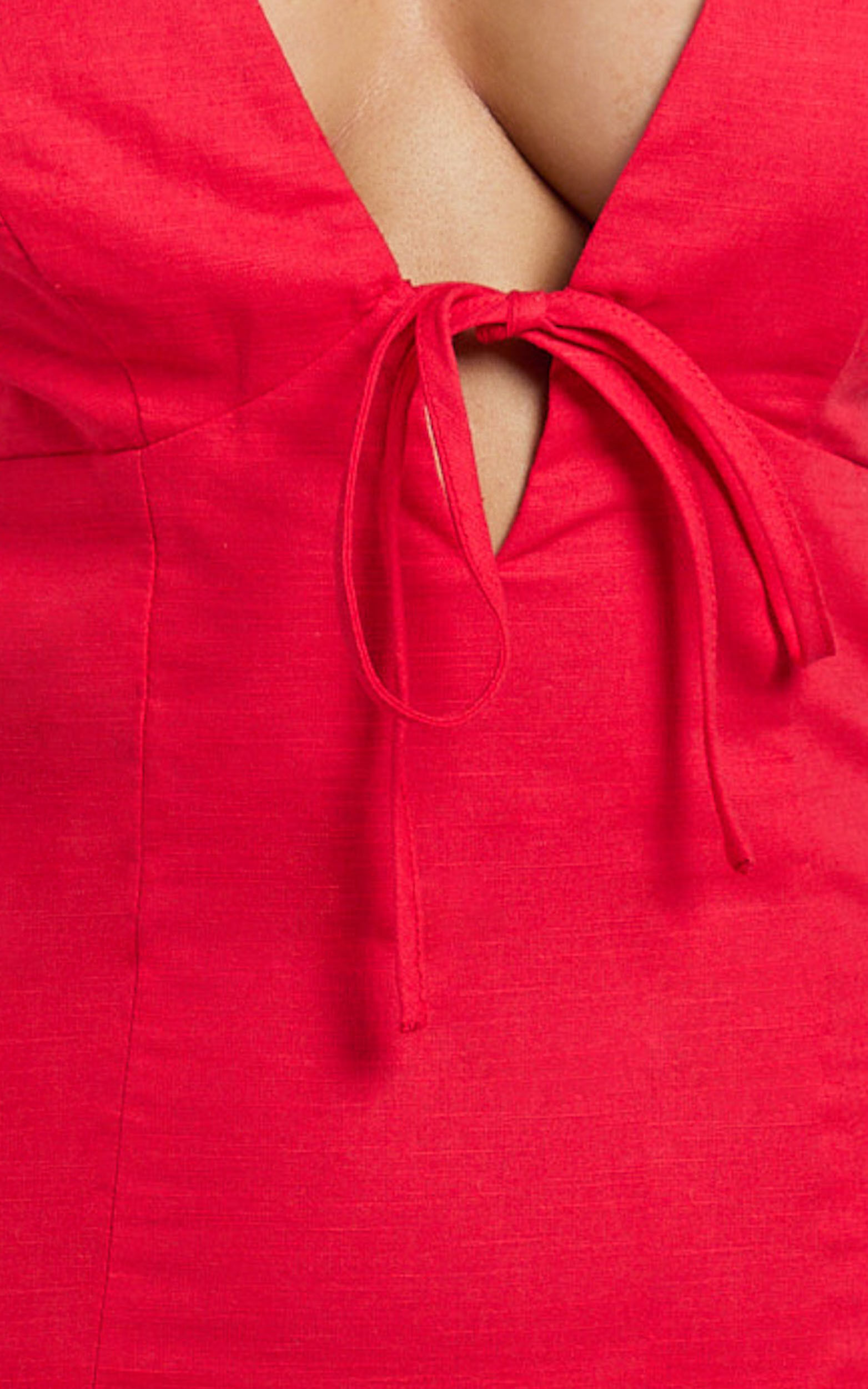 Lyla Midi Dress - Tie Front Plunge Halter Linen Blend Dress in Red