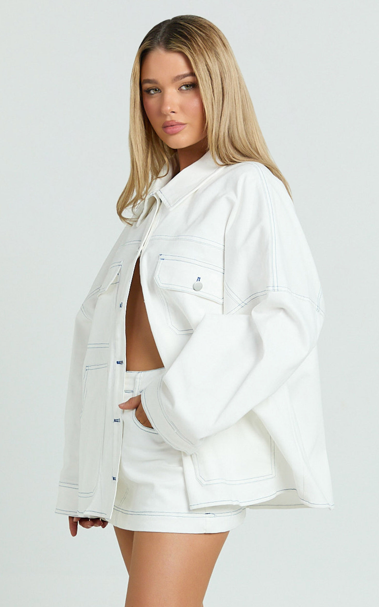 Richelle Jacket - Contrast Stitch Oversized Jacket With Contrast Stitch Detail in Off White